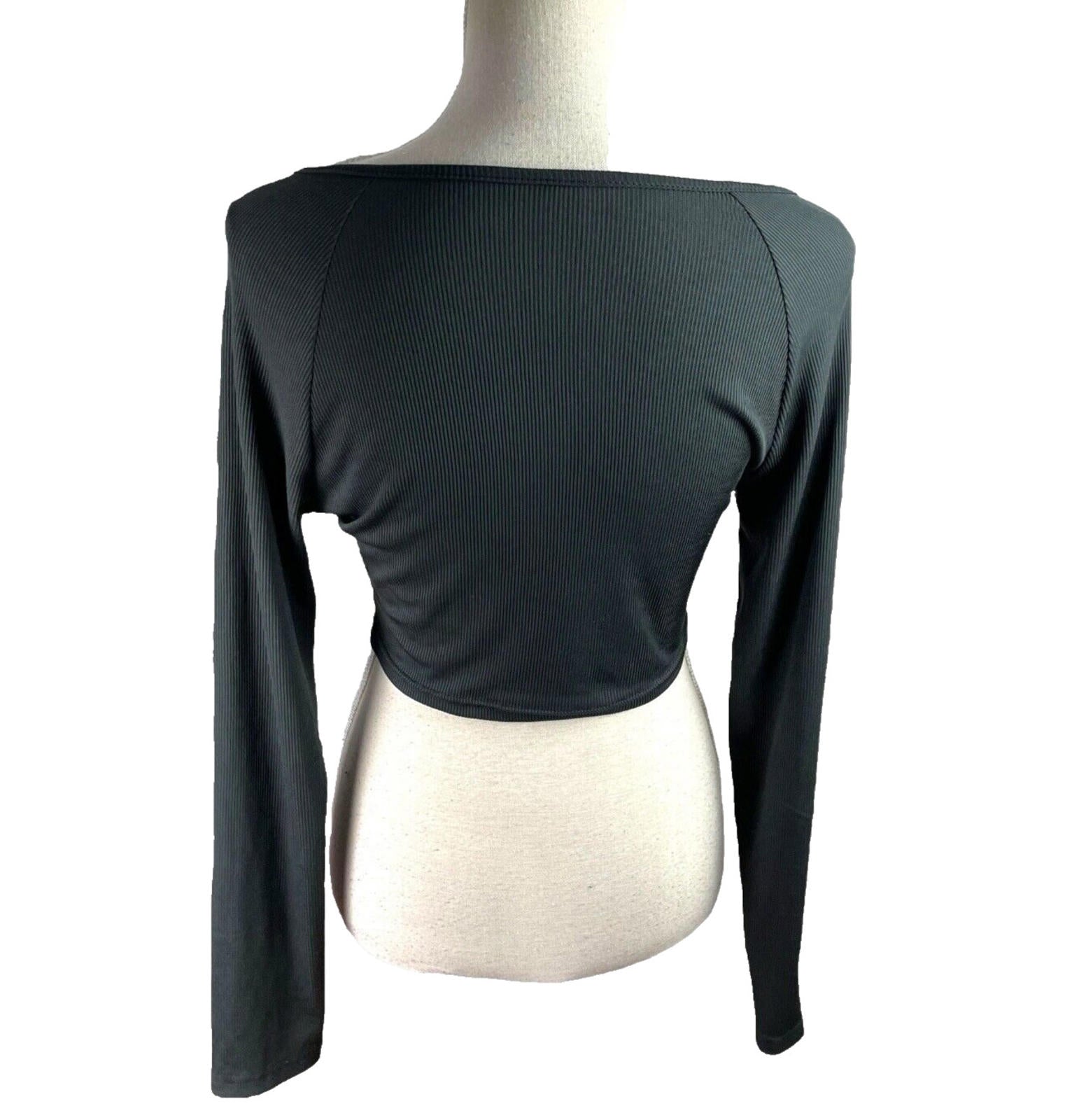 Shein Crop Top Women’s UK Size L Black Ribbed Long Sleeve V-Neck Heart Cutout