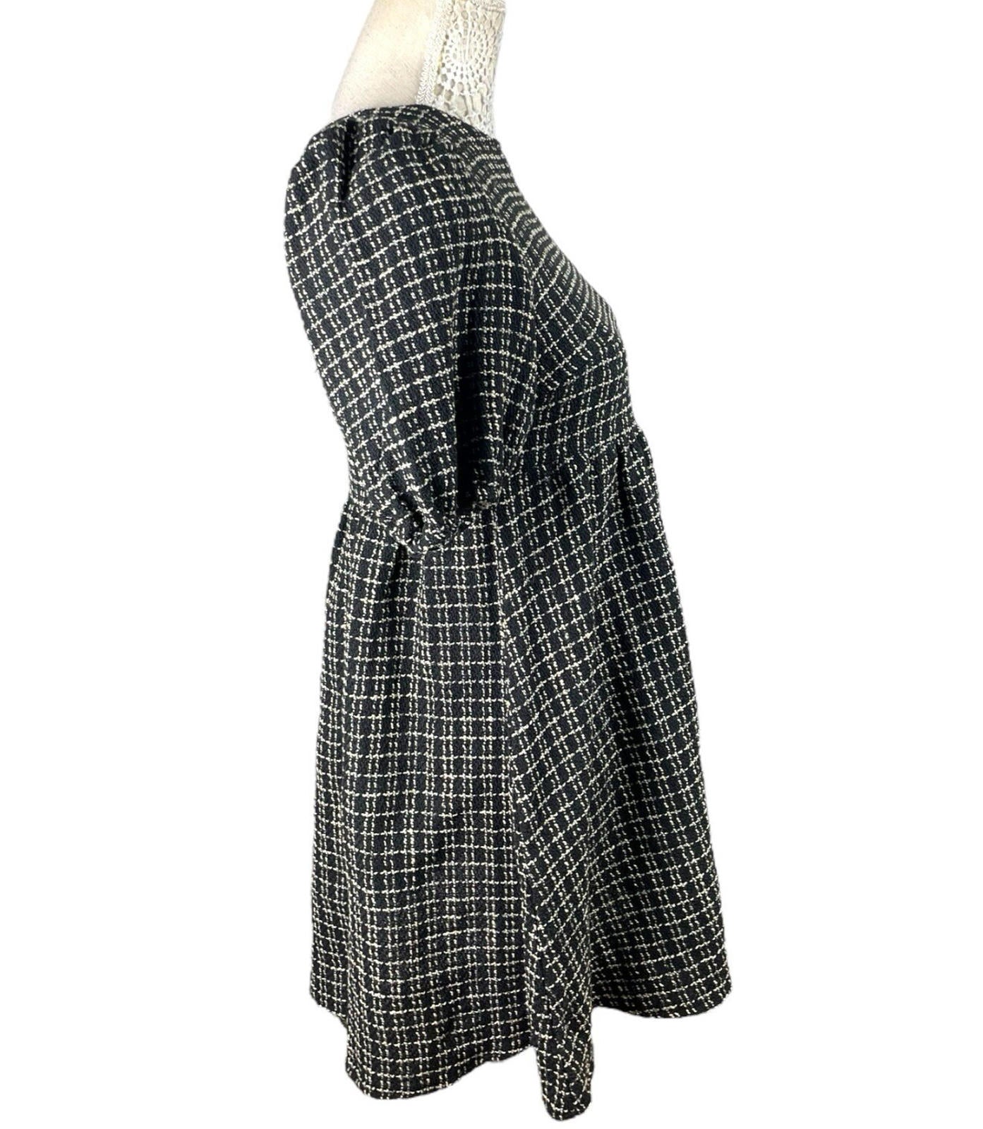 New Look Smock Dress Women's UK Size 6 Black Check Midi Short Puff Sleeve PETITE