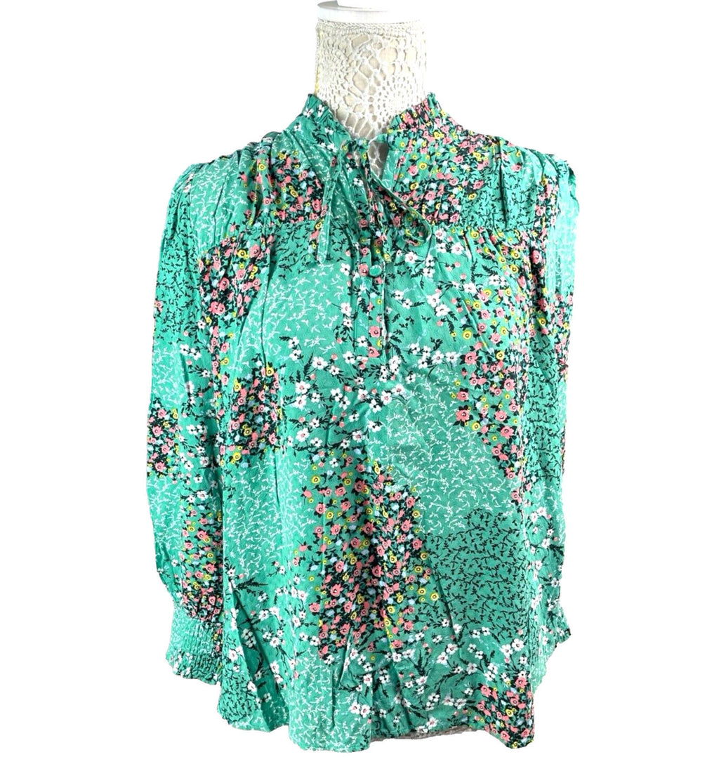 Marks & Spencer Floral Blouse Women’s UK Size 12 Tie Neck Long Sleeve Green
