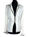 Linen Blazer Blouse Top Women’s UK Size S Flared Sleeves Ivory & Black Piping