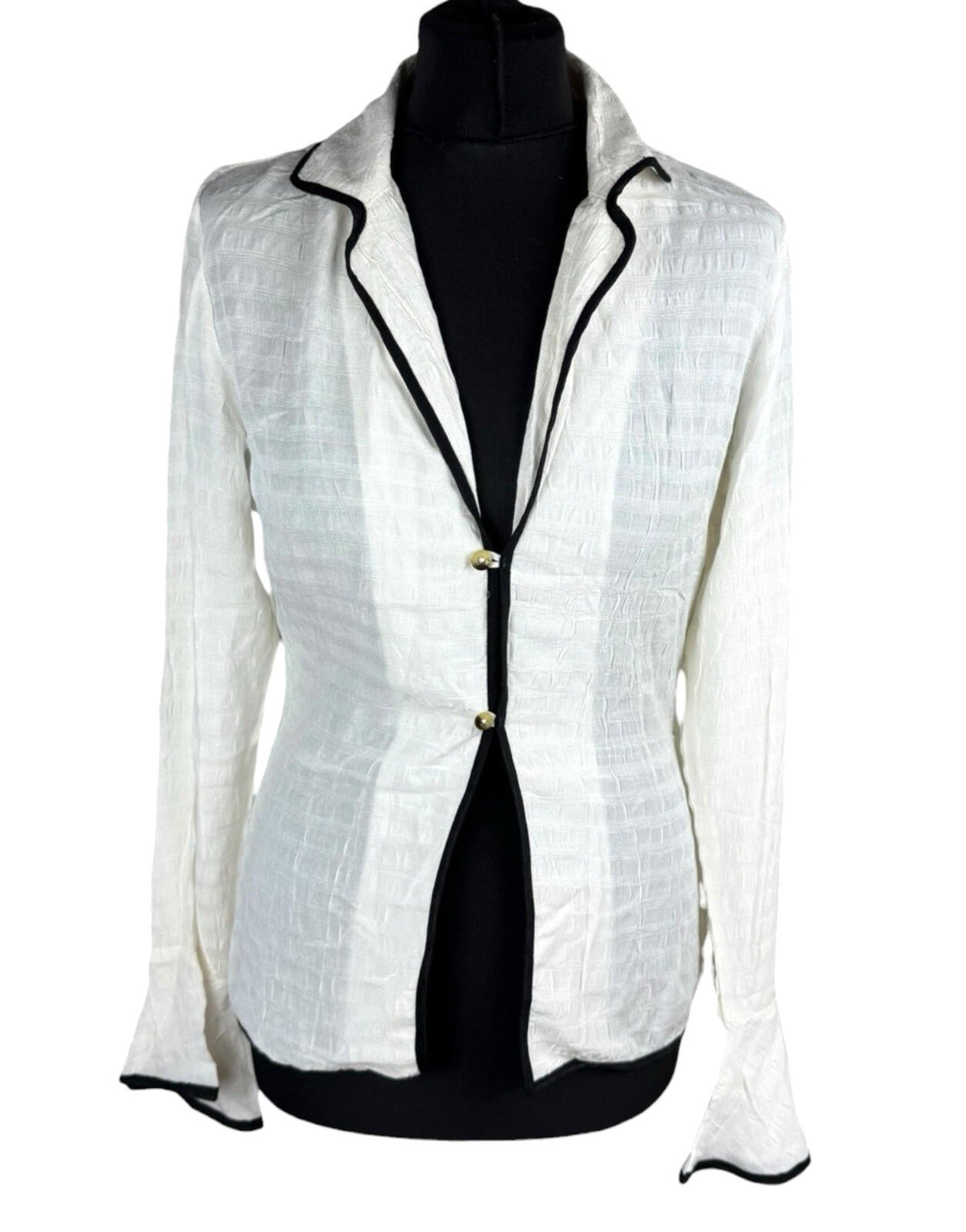 Linen Blazer Blouse Top Women’s UK Size S Flared Sleeves Ivory & Black Piping