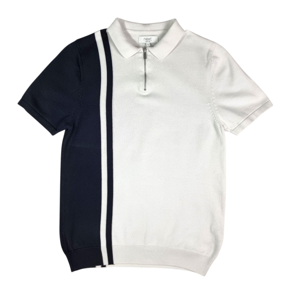 Next Knit Polo Shirt Men's UK Size S White Blue 1/4 Zip Short Sleeve 100% Cotton