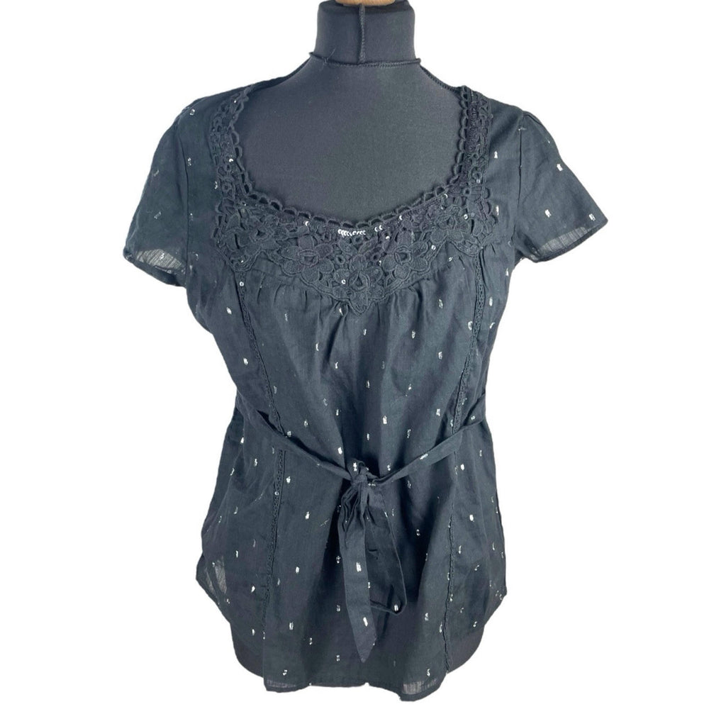 Oasis Blouse Women's UK Size 10 Black Glitter Lace Neckline Belted