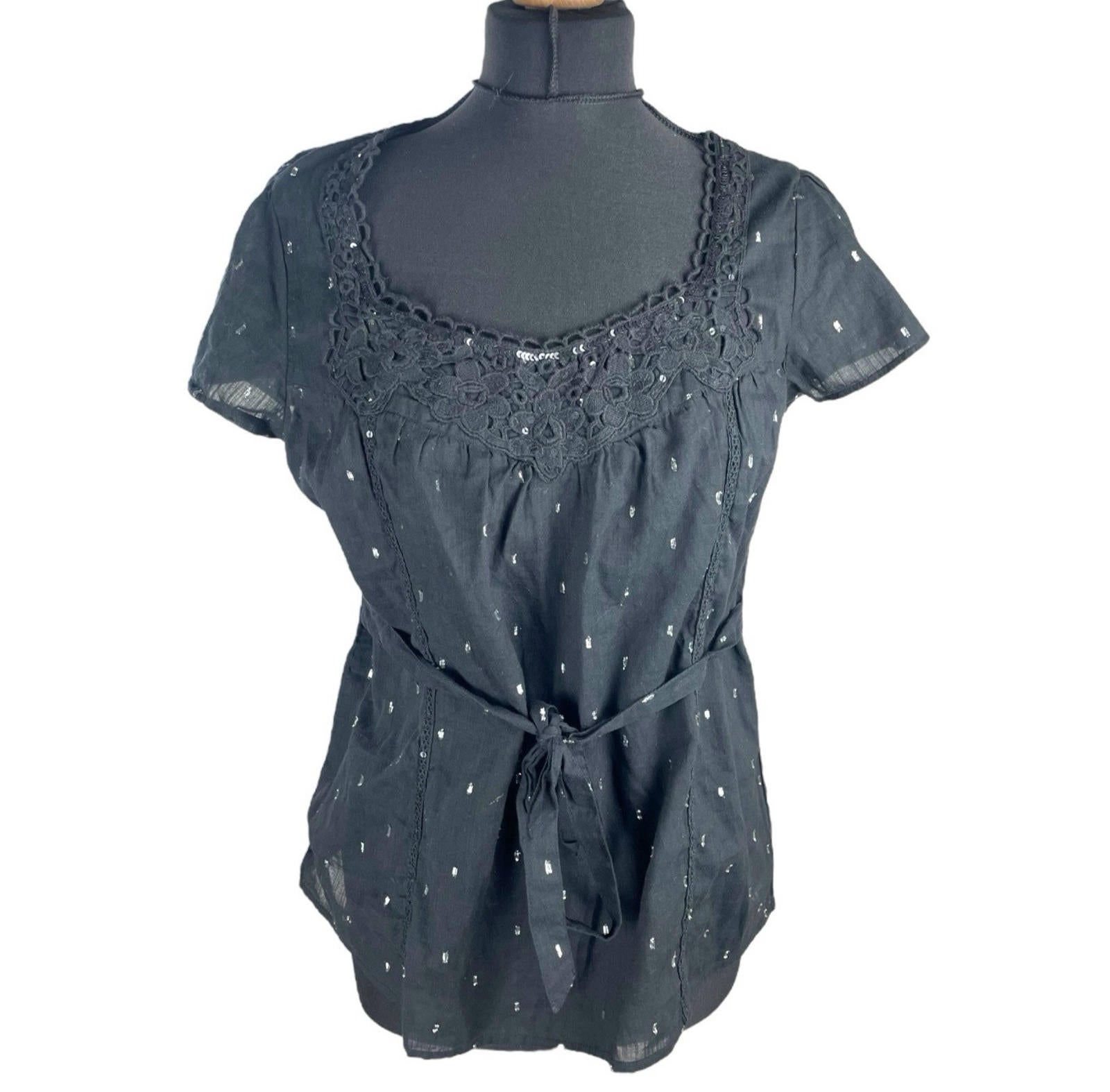 Oasis Blouse Women's UK Size 10 Black Glitter Lace Neckline Belted