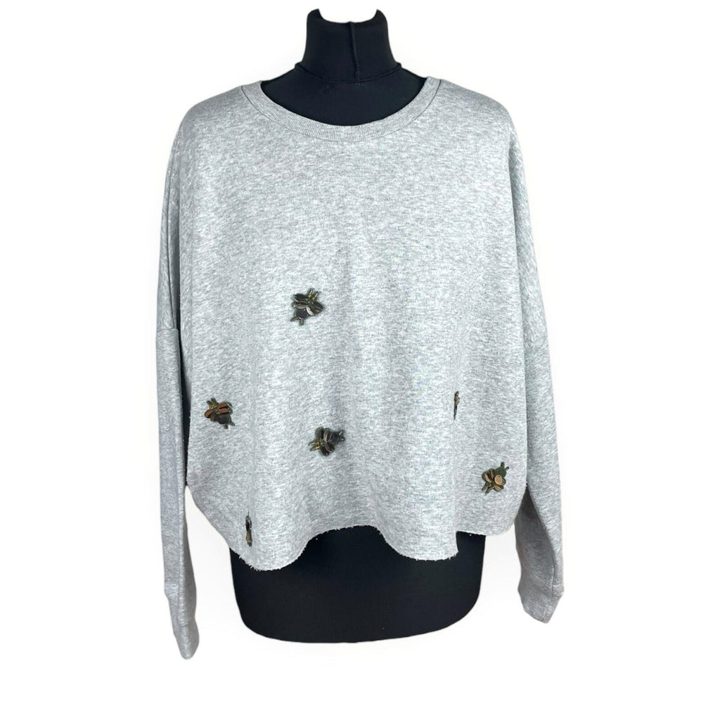 Primark Dragonfly Sequin Jumper Women’s UK Size L Cropped Light Grey Gold Detail
