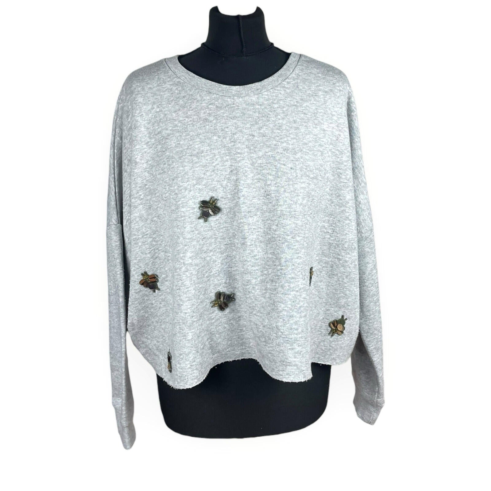 Primark Dragonfly Sequin Jumper Women’s UK Size L Cropped Light Grey Gold Detail
