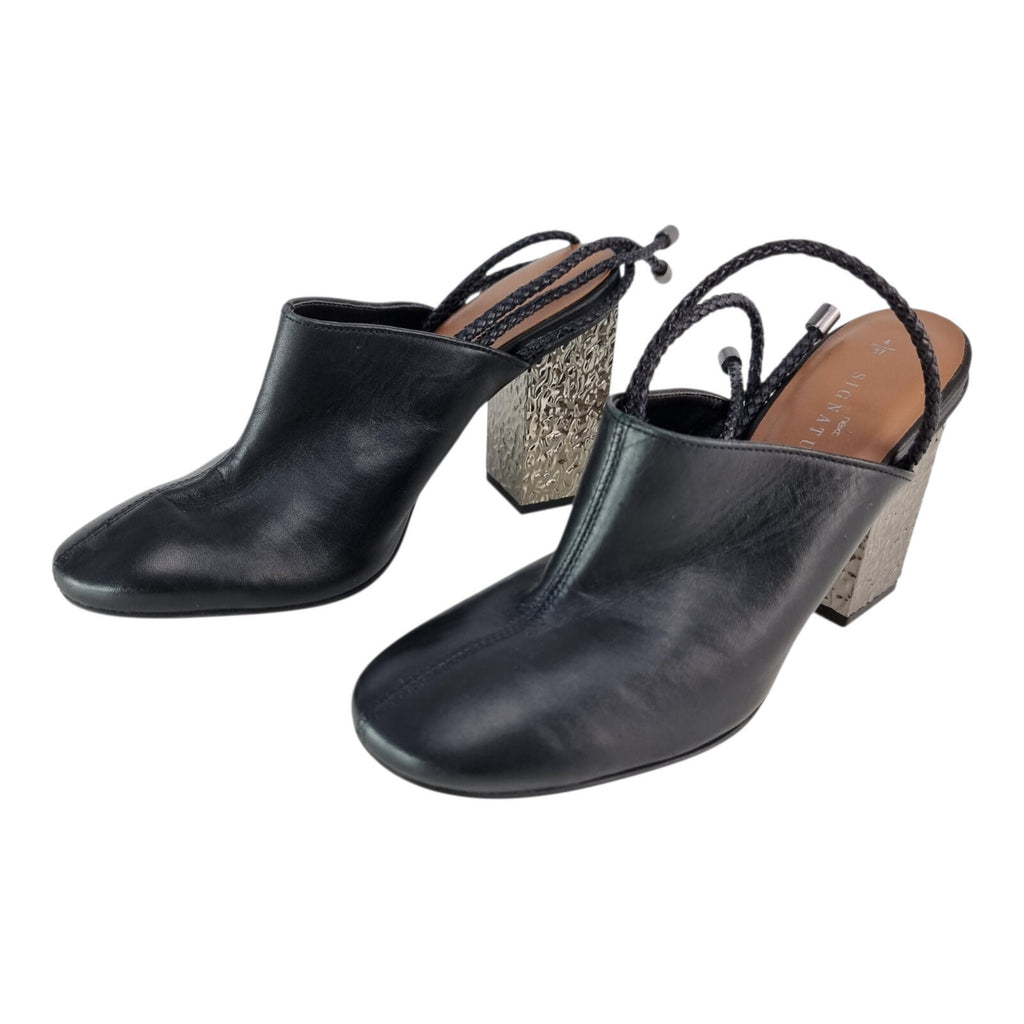 Next Signature Black Block Heels Women's UK Size 4 Ankle Straps Hammered Silver