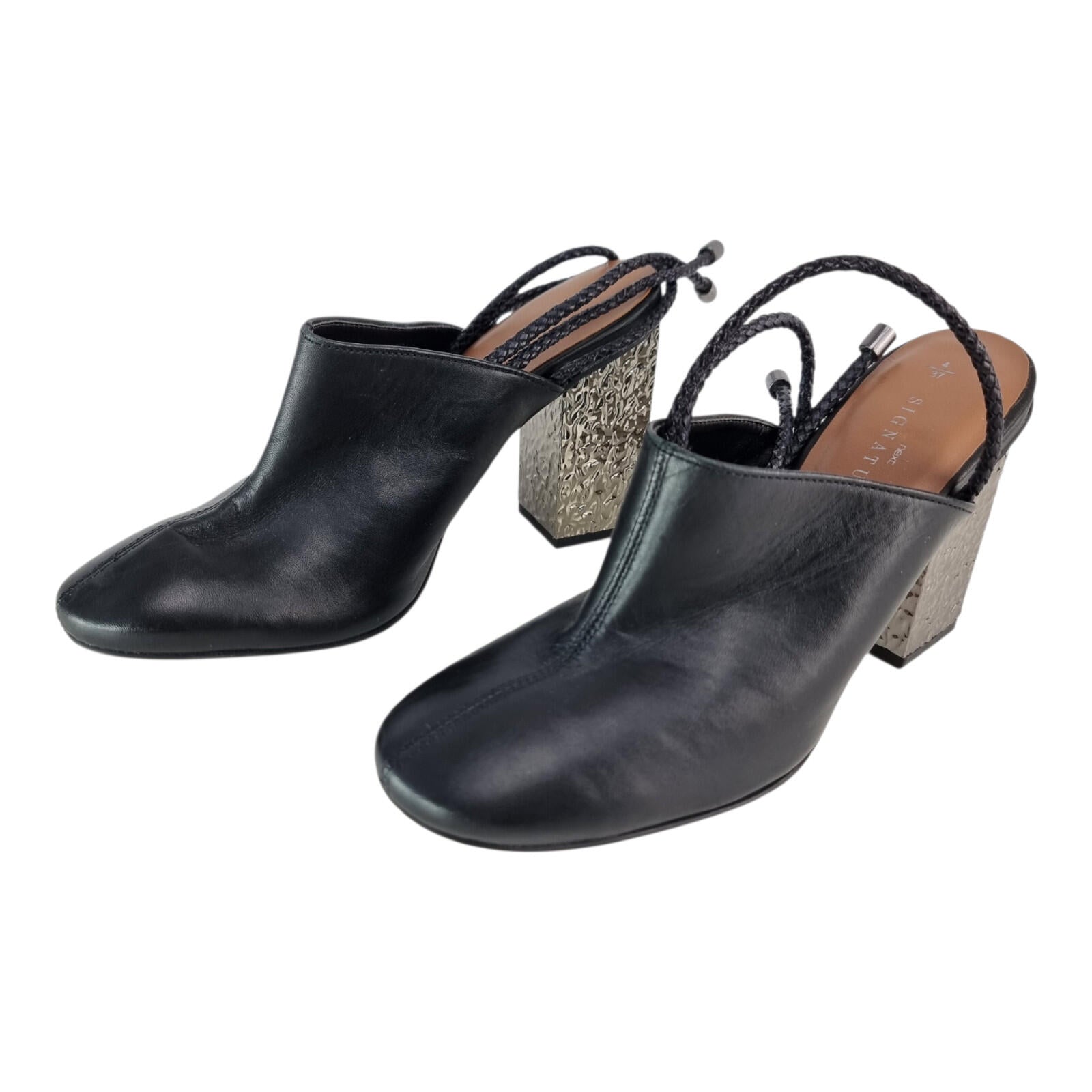 Next Signature Black Block Heels Women's UK Size 4 Ankle Straps Hammered Silver