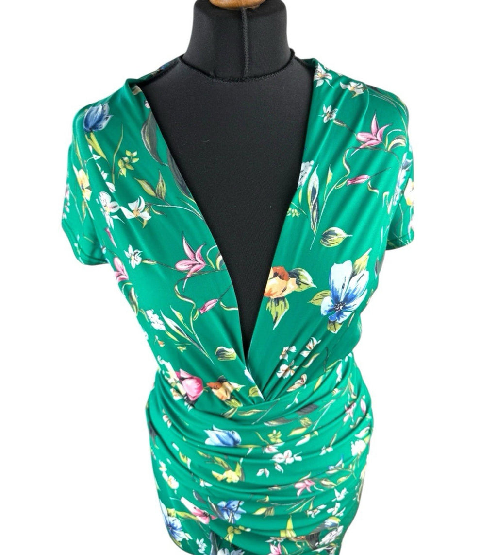 Vestry Green Dress Plunge Neck High Split Bodycon Floral Midi Women’s UK Size 12