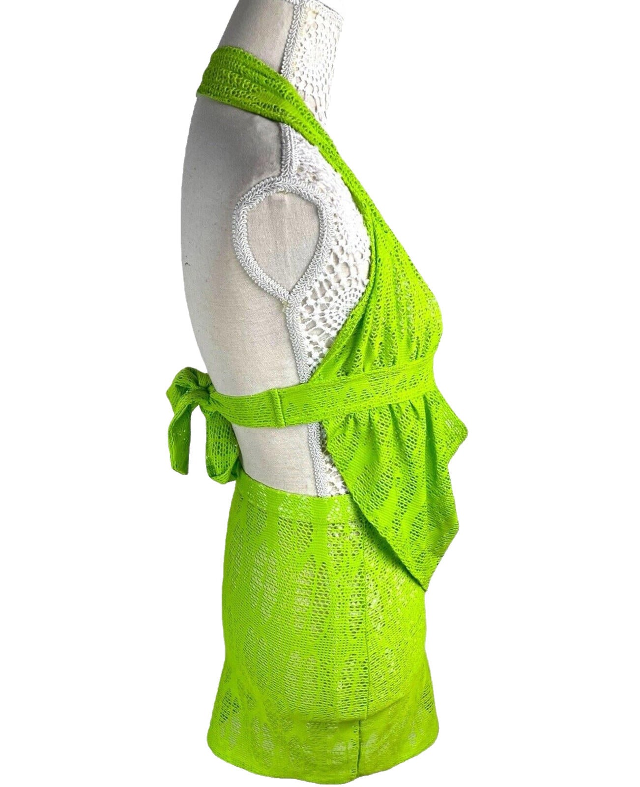 Lime Green Knit Mesh Skirt Co Ord Set Cowl Halter Neck Women’s UK Size 8