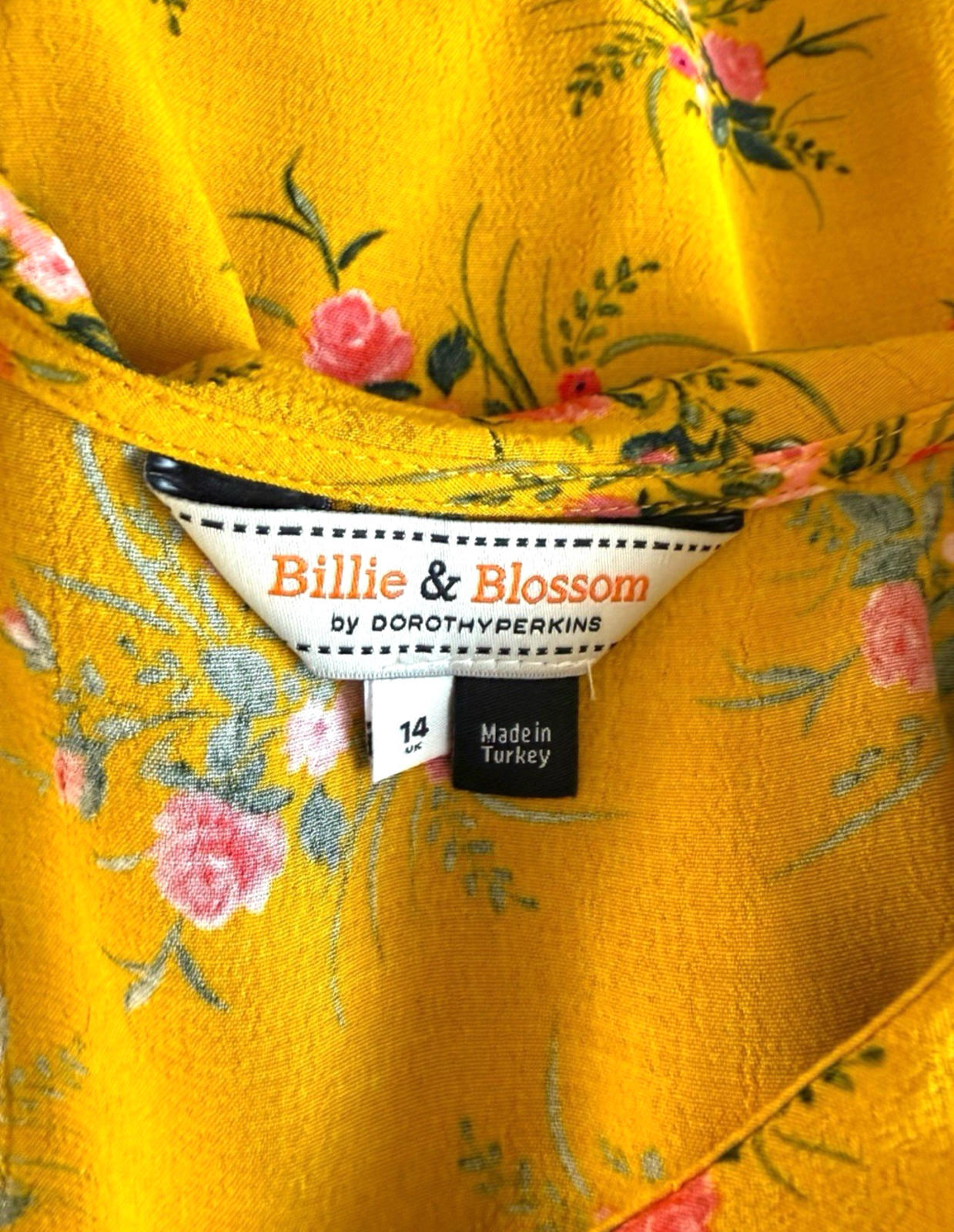 Dorothy Perkins Floral Blouse Women’s UK Size 14 Yellow Ruffle Collar Tie Neck