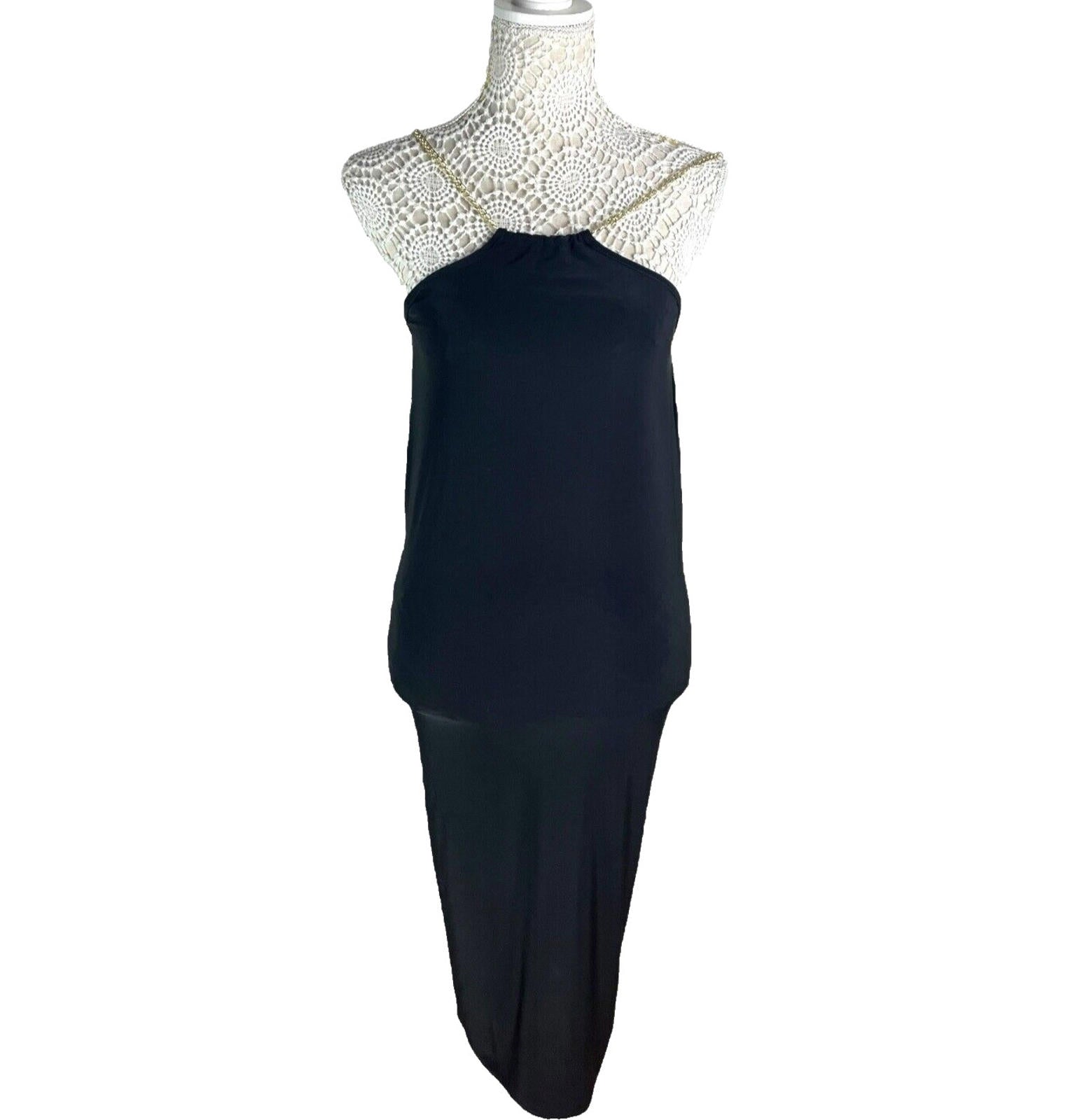 Pretty Little Thing Bodycon Midi Dress Women’s UK Size 8 Black Gold Chain Detail