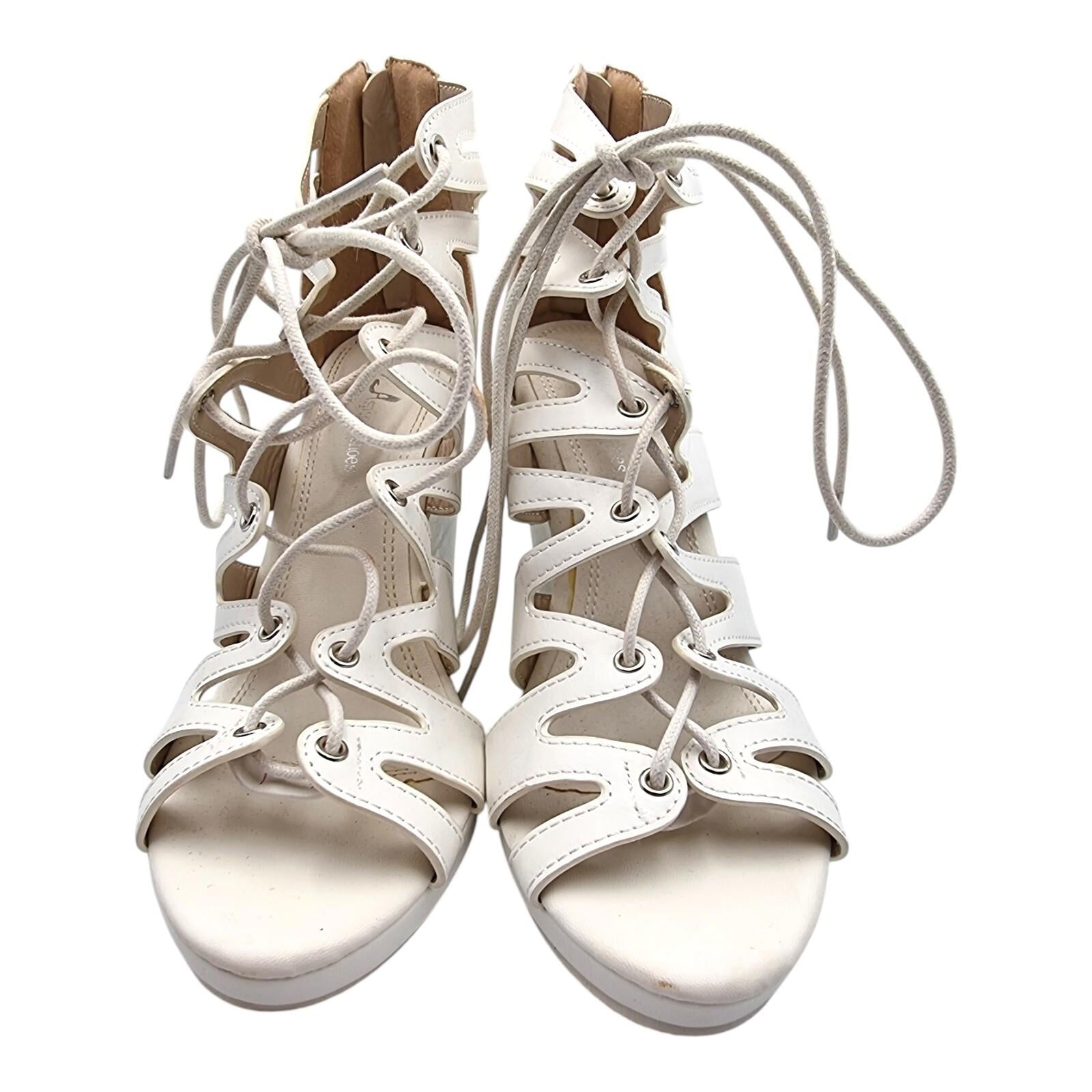 Aspirer Wedge Shoes Women's UK Size 7 Ankle Strap White Lace Up Faux Leather