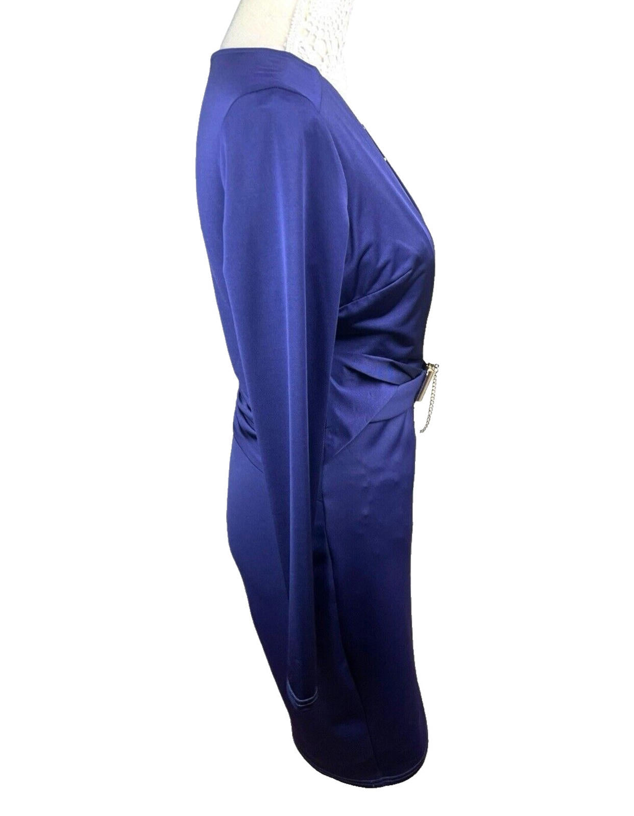 Lypsy Navy Blue Satin Midi Dress Belted Gold Buckle Women’s UK Size 12