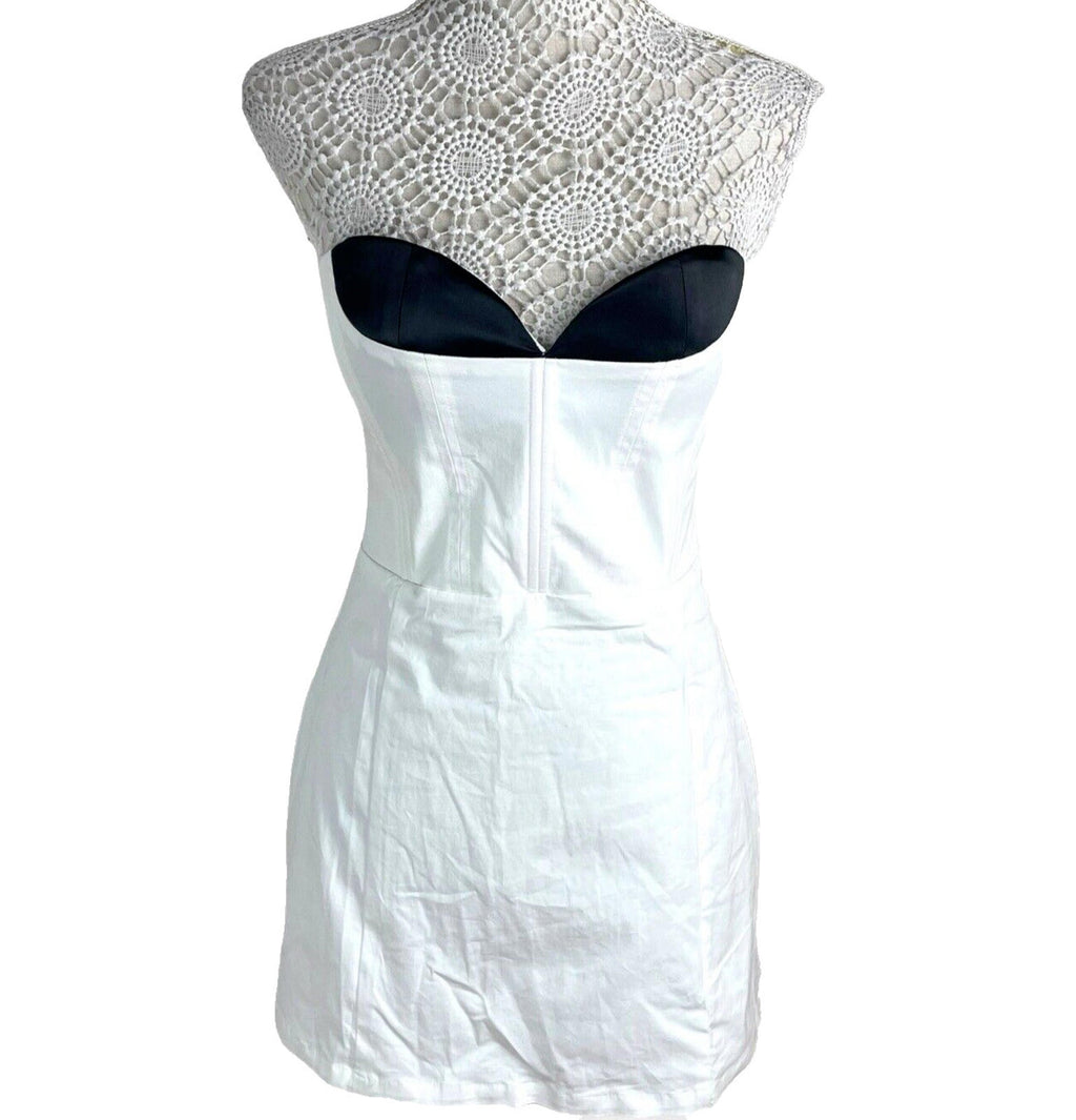 Bodycon Mini Dress Women's UK Size 8 White Denim Strapless Padded Sweetheart