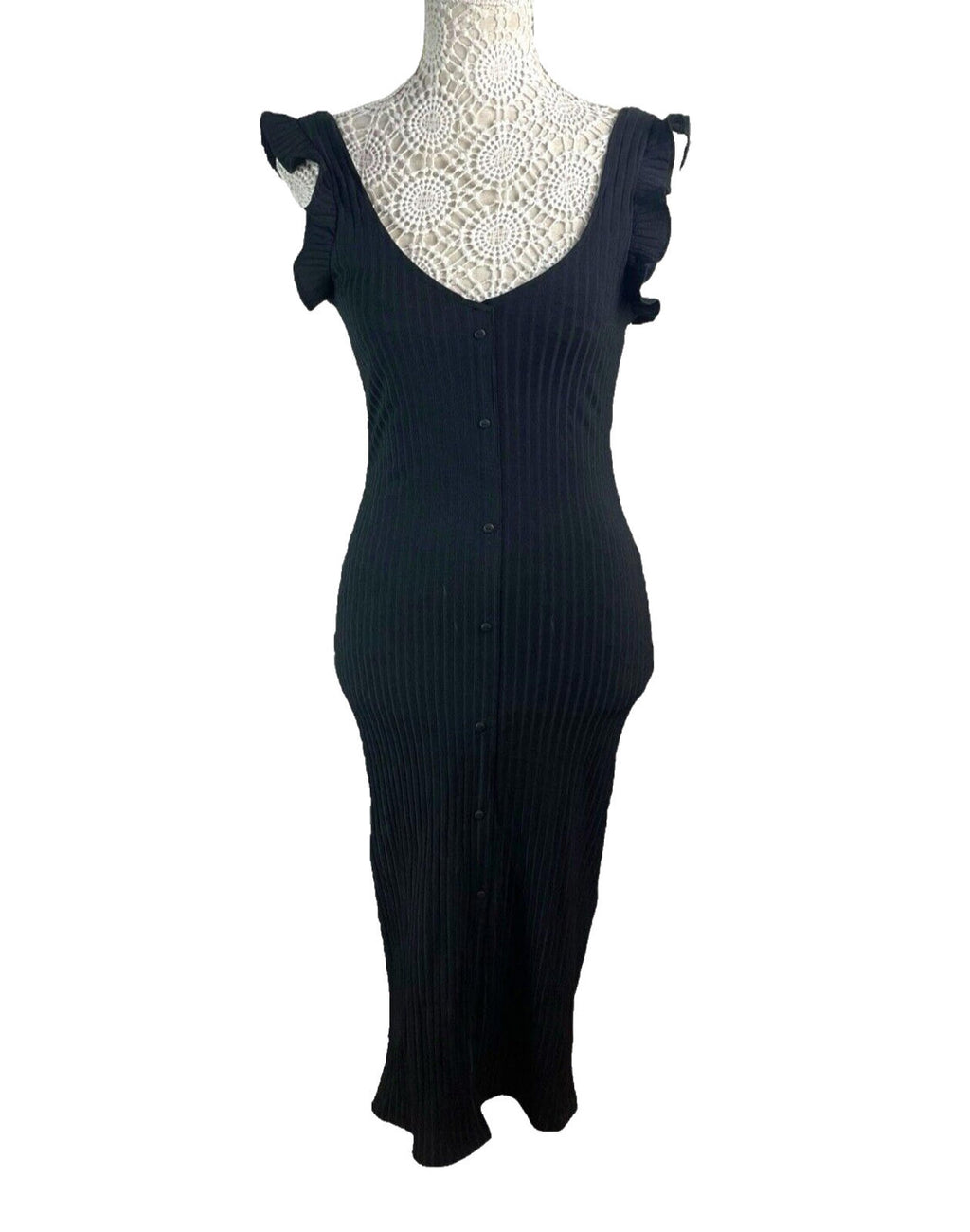 Zara Black Ribbed Maxi Dress Frill Straps Women’s UK Size S