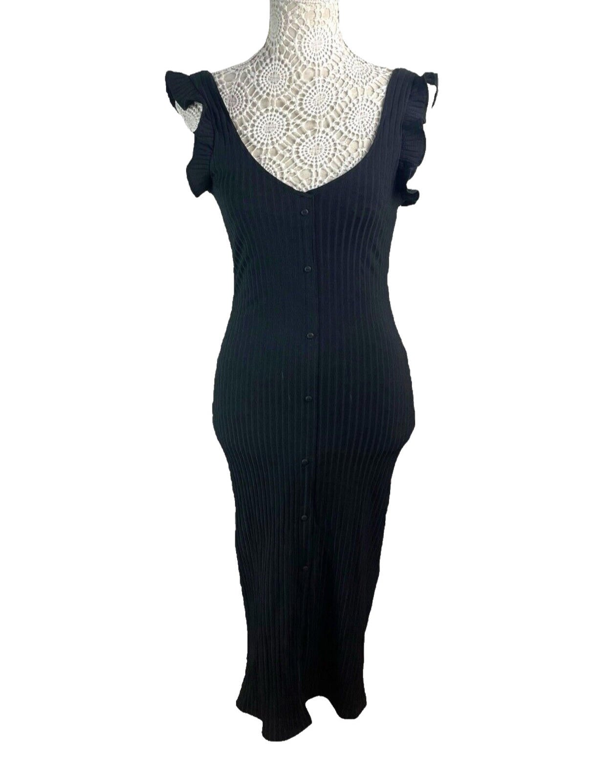 Zara Black Ribbed Maxi Dress Frill Straps Women’s UK Size S