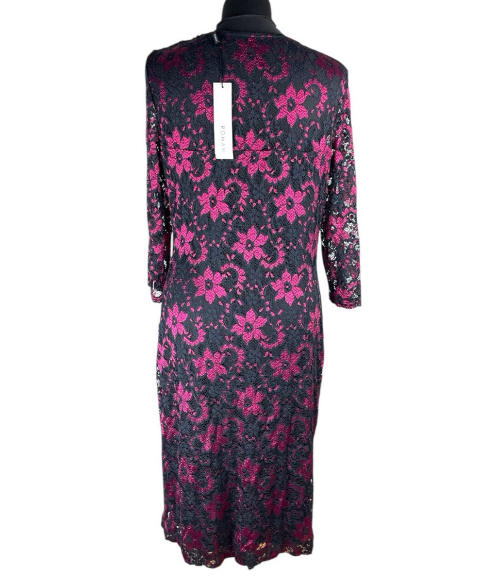 Roman Midi Dress Women’s UK Size 14 Pink & Black Floral Lace Long Sleeve Formal