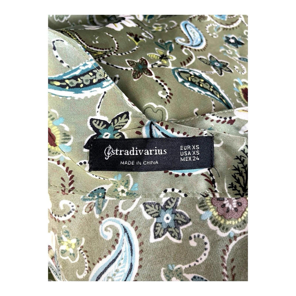 Stradivarius Floral Satin Mini Dress Women’s UK Size XS Green Slip Paisley Print