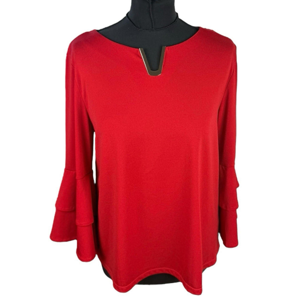 Klass Bright Red Blouse 3/4 Sleeve Gold Buckle Detail Women’s UK Size M
