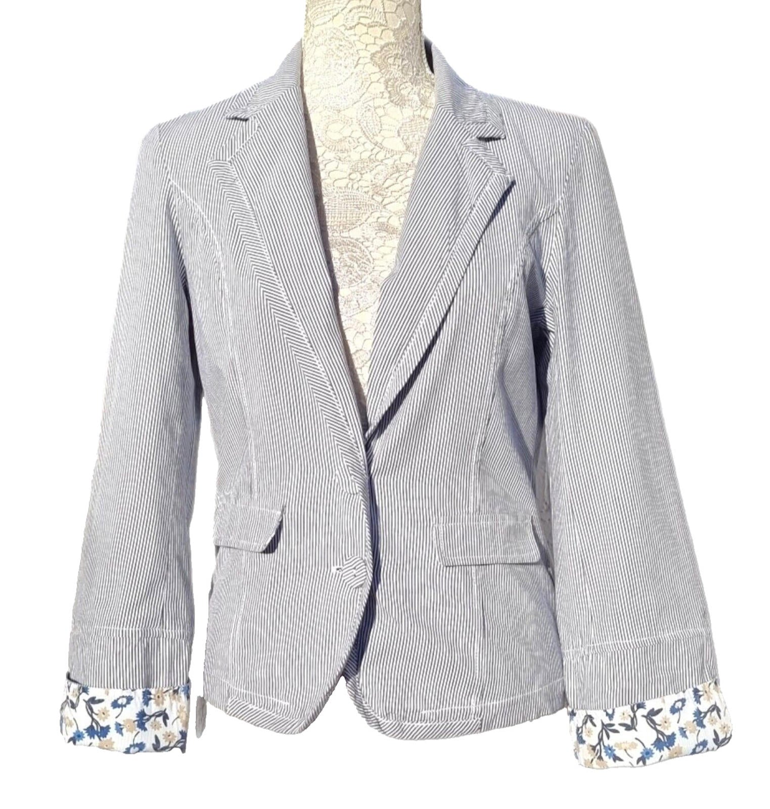 Blue Stripe Blazer Jacket Cotton White Pinstripes Size 10