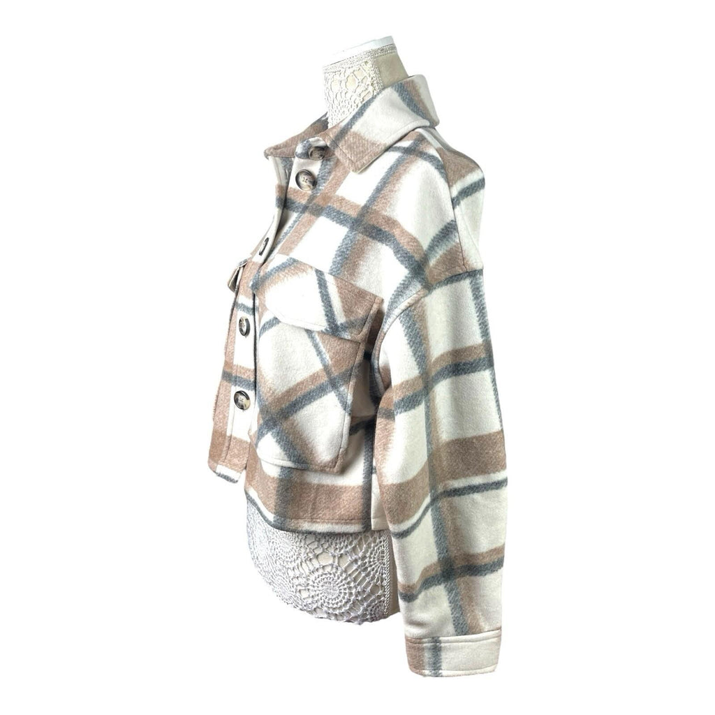 Stradivarius Beige Check Shacket Cropped Brushed Women’s UK Size XS