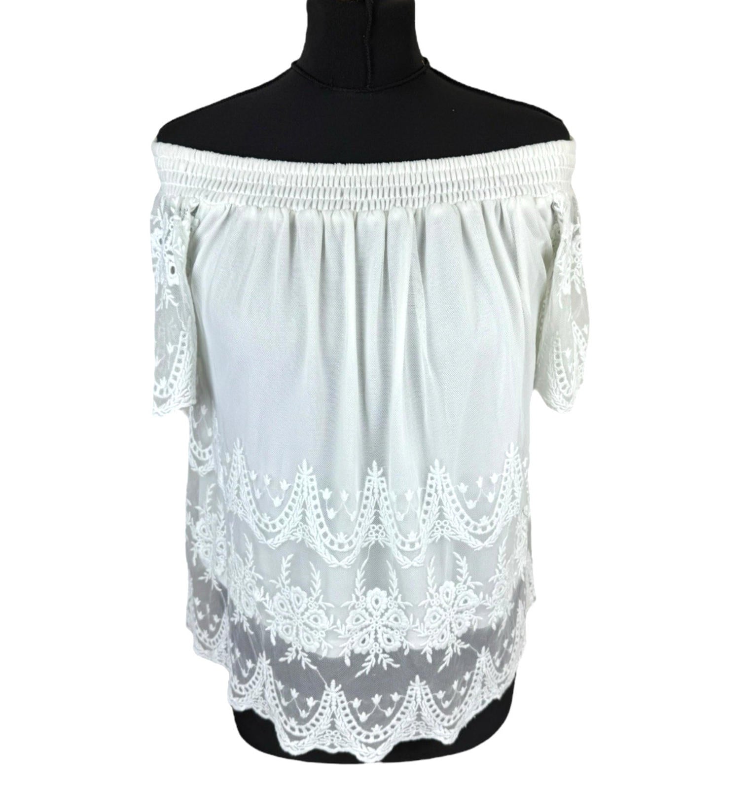 New Look Off Shoulder Blouse Women’s UK Size 10 White Lace Trim Shirred Bardot