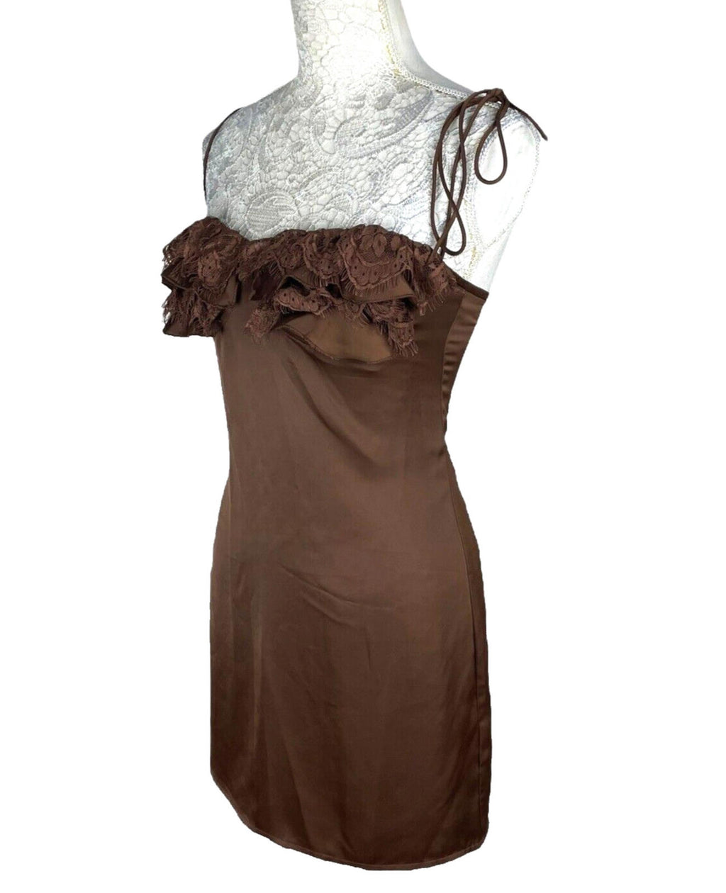 PLT Mini Dress Women's UK Size 8 Chocolate Satin Lace Cup Detail Tie Shoulder