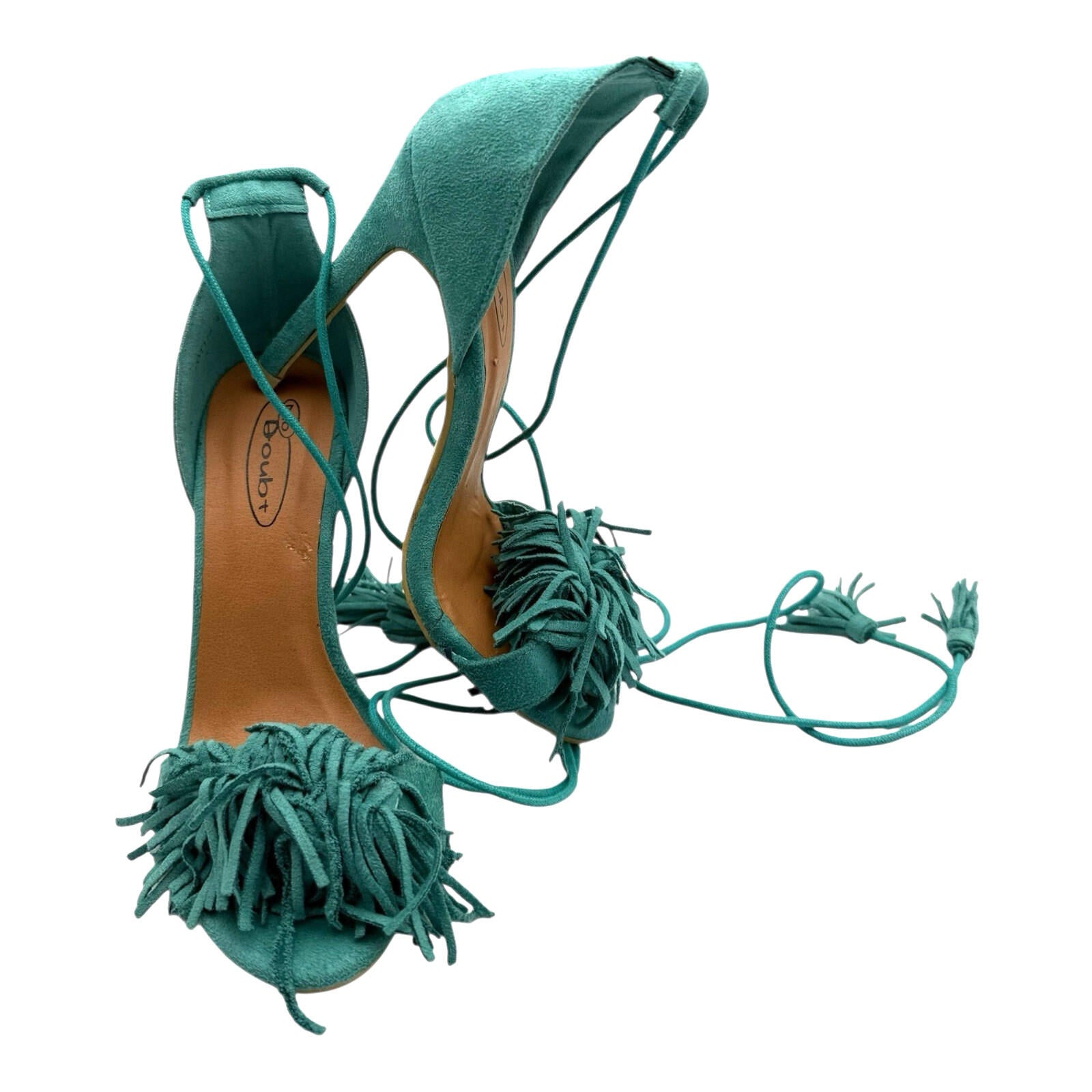 No Doubt Strap Up Stiletto Shoes Women’s UK Size 4 Open Tasseled Toe Green Suede