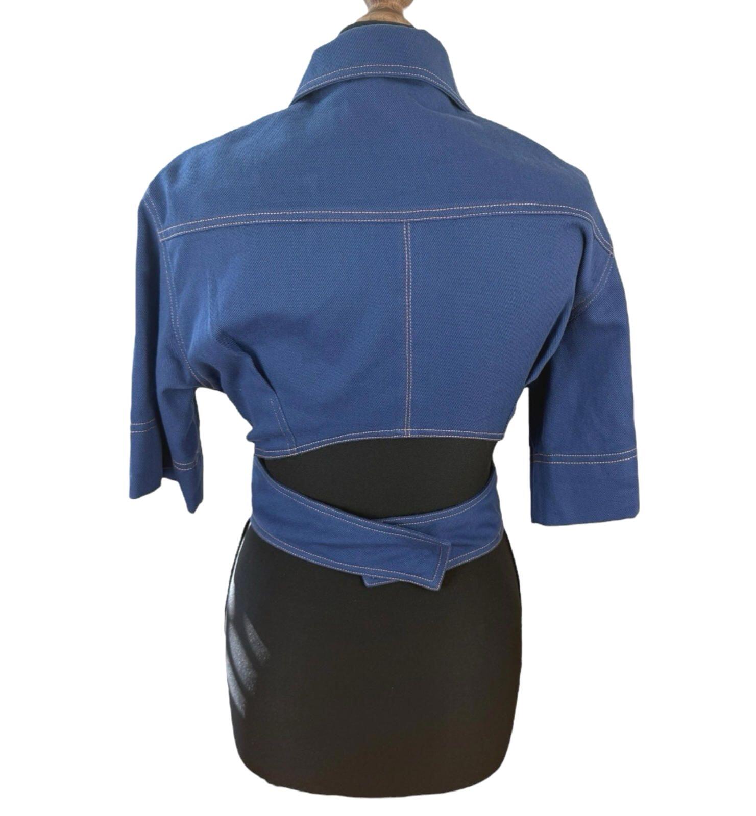 Cropped Denim Shirt Women’s UK Size 8 Blue Twist Cutout Detail 3/4 Sleeve Top