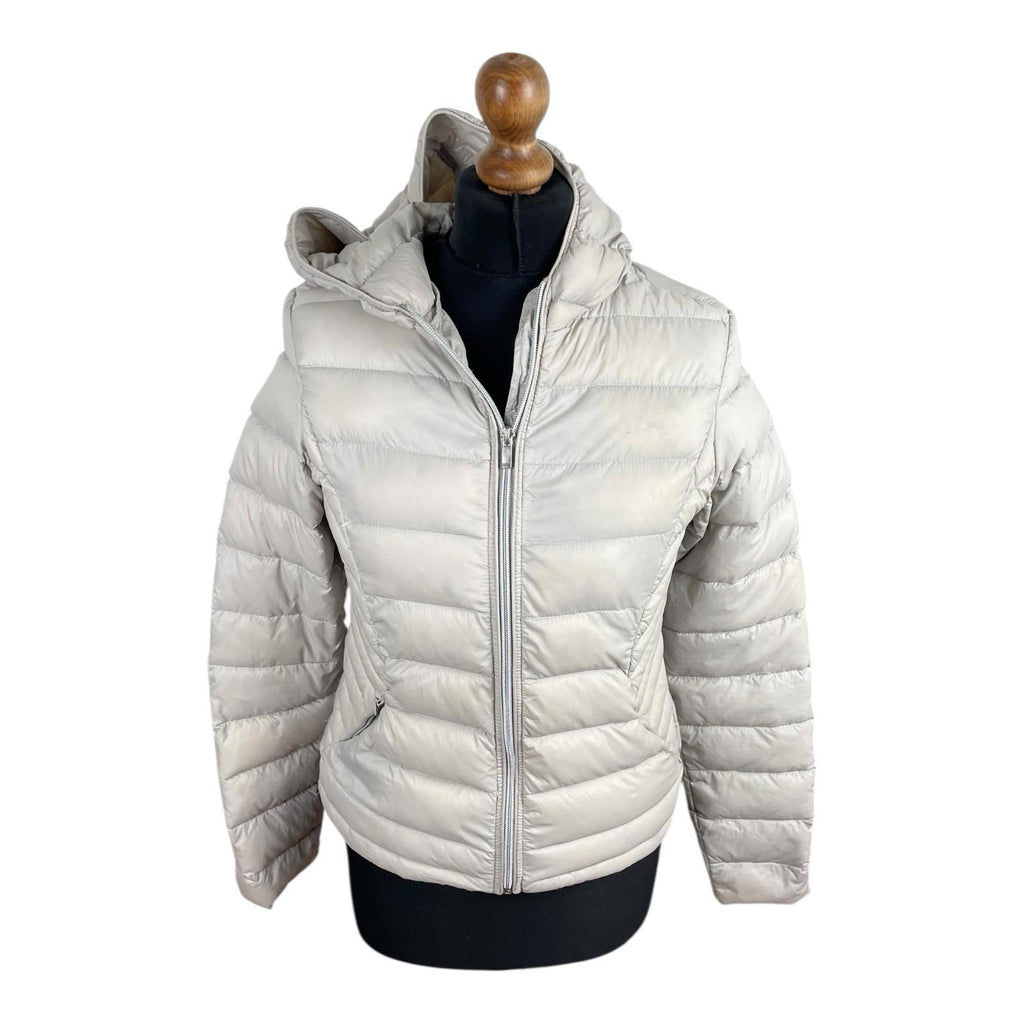 Grey Beige Padded Jacket Duck Feather Quilted Hooded Zip Up Women’s UK Size S