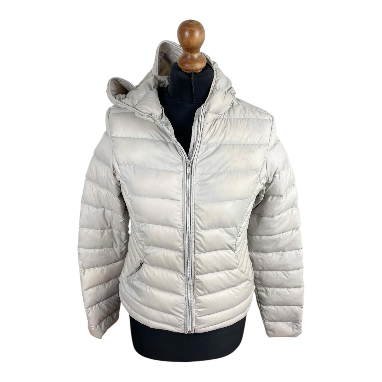 Grey Beige Padded Jacket Duck Feather Quilted Hooded Zip Up Women’s UK Size S