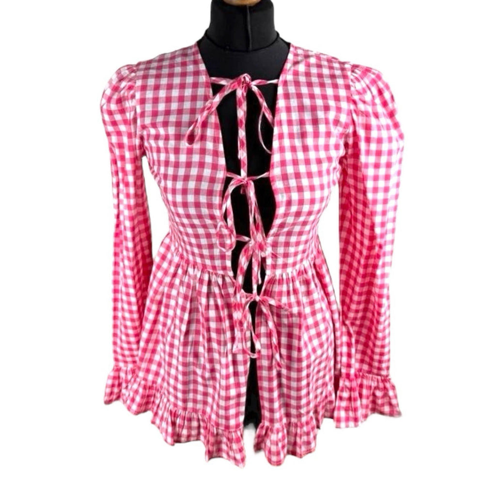 Gingham Tie Front Blouse Long Sleeve Grilled Hem Women’s UK Size S