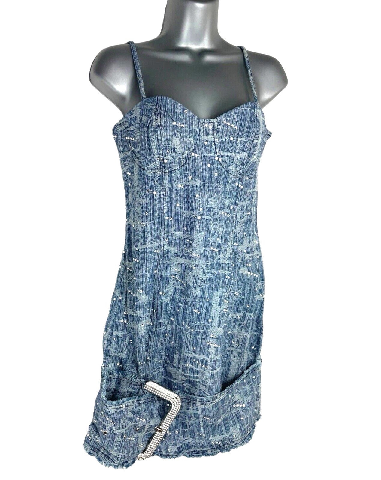 Pretty Little Thing Textured Denim Dress Diamante Buckle Women’s UK Size 8