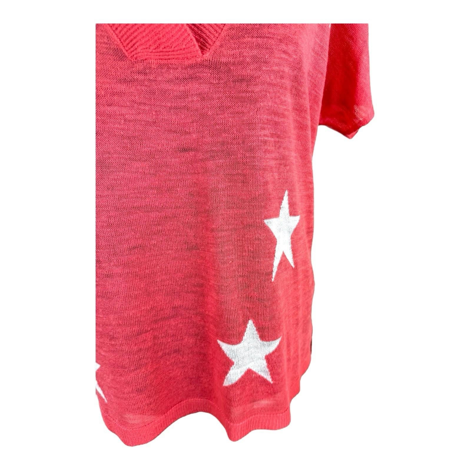 Next Coral Star Pink Knit T-Shirt Top Women’s UK Size S Lightweight V-Neck Linen