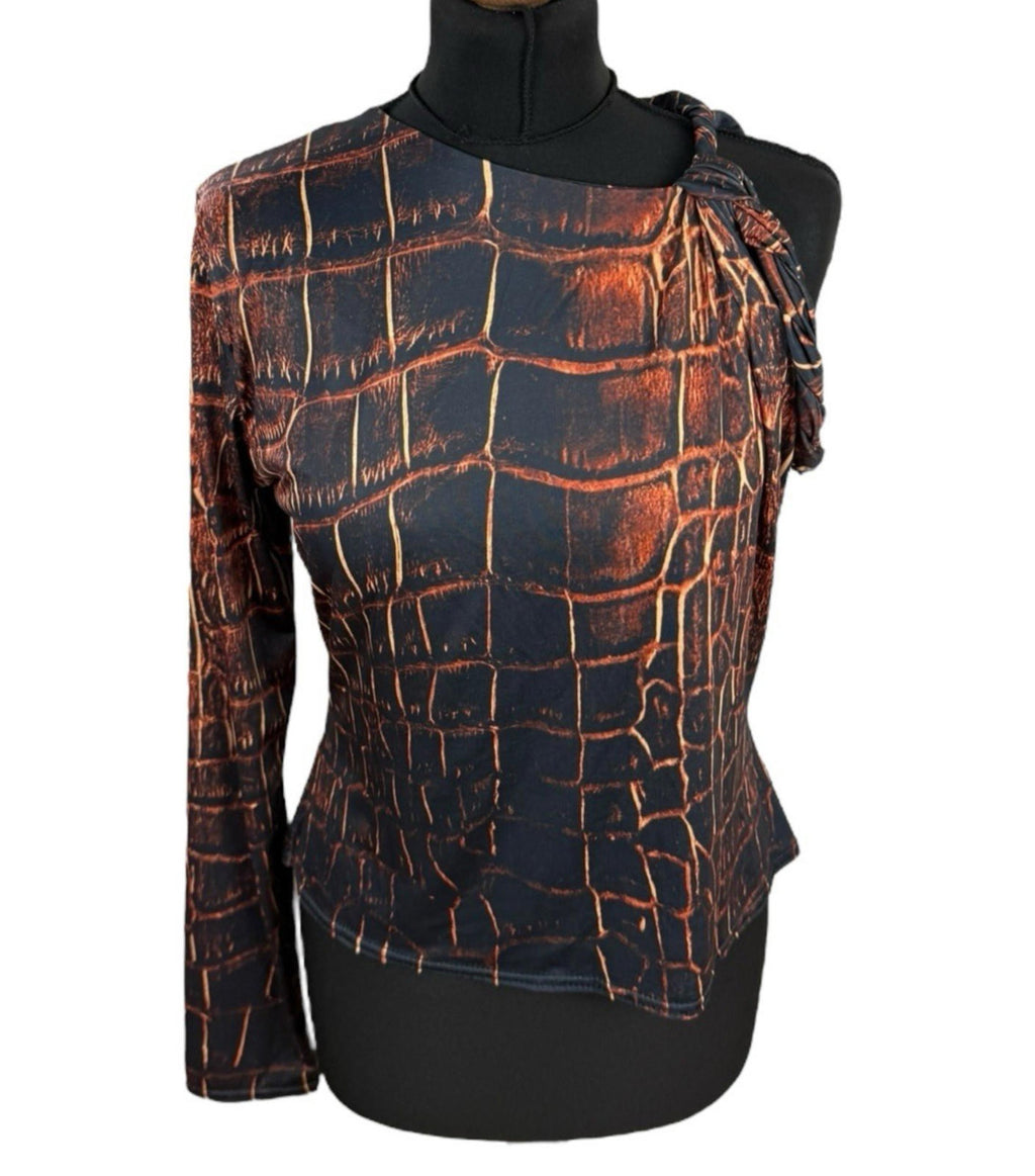Black Orange One Shoulder Top Twisted Strap Stretch Women’s UK Size 14-16