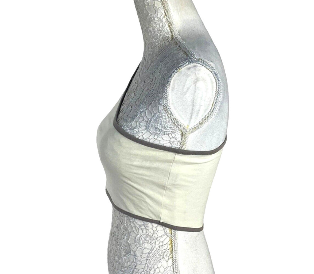 Pretty Little Thing Crop Top Cream One Shoulder Grey Trim Women's UK Size 8