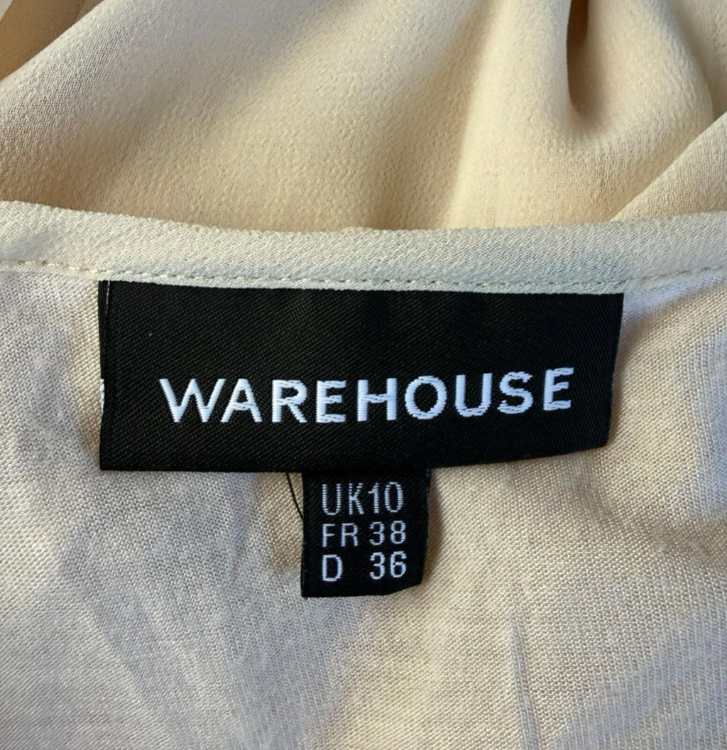 Warehouse Chiffon Layered Top Women’s UK Size 10 Smocked Keyhole Front Beige