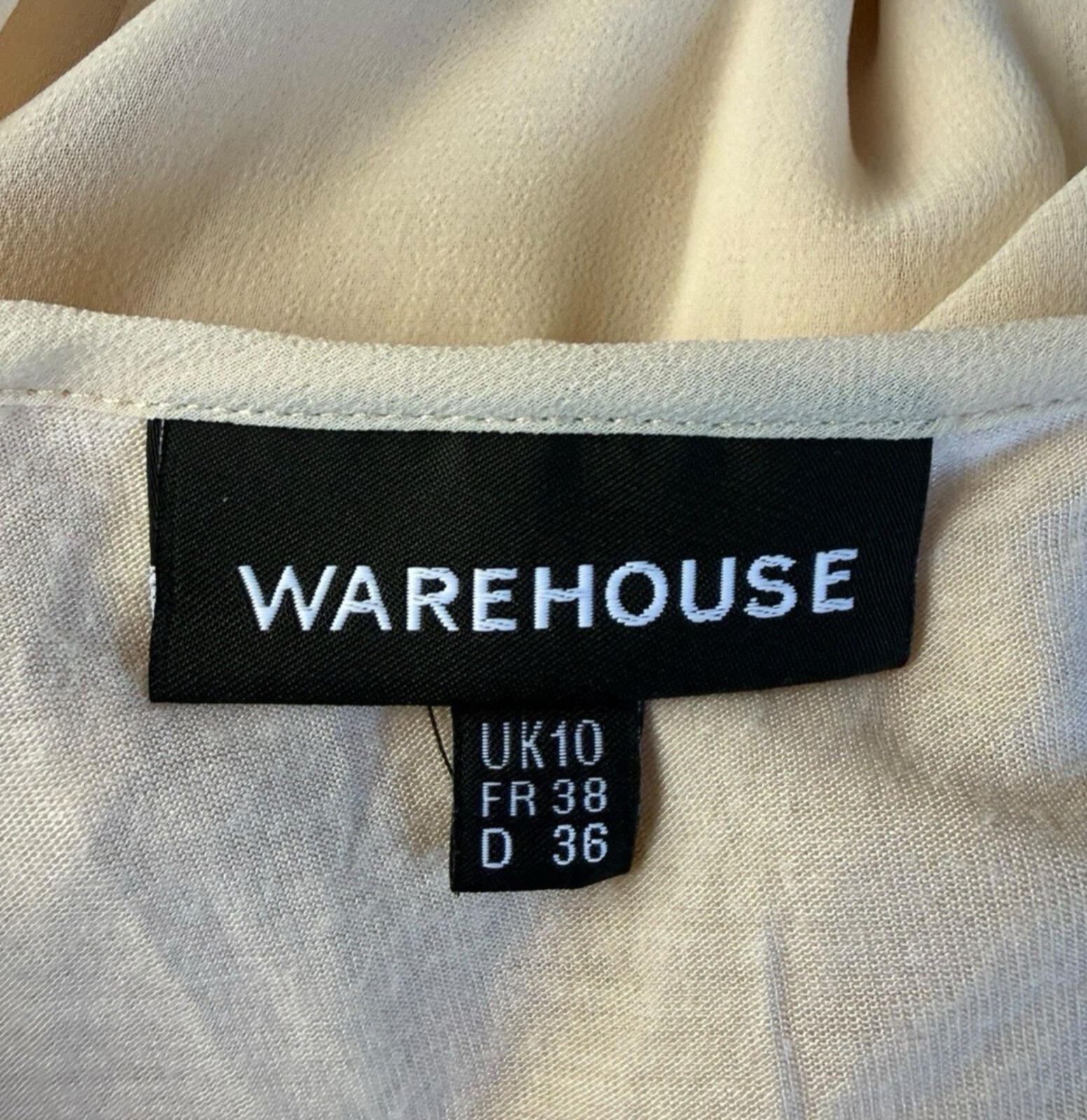Warehouse Chiffon Layered Top Women’s UK Size 10 Smocked Keyhole Front Beige