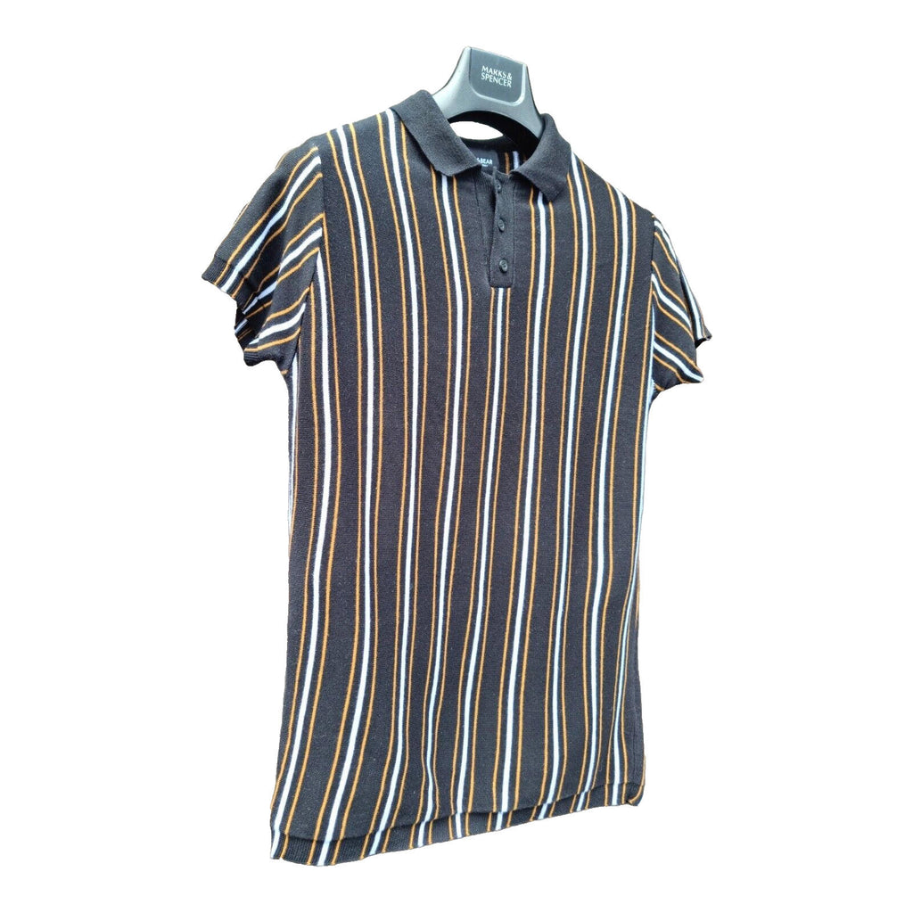 Pull & Bear Polo Shirt Men's UK Size S Black Knit Striped Jersey Tee Summer