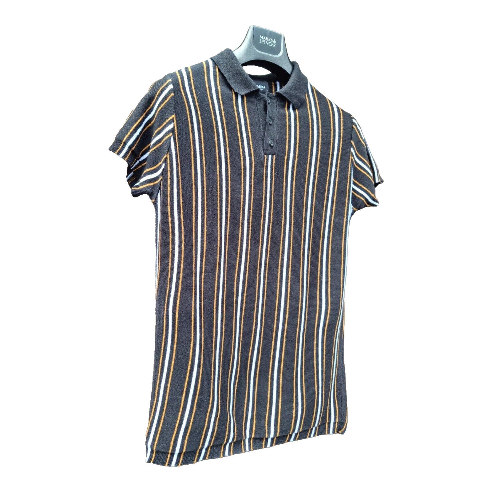 Pull & Bear Polo Shirt Men's UK Size S Black Knit Striped Jersey Tee Summer