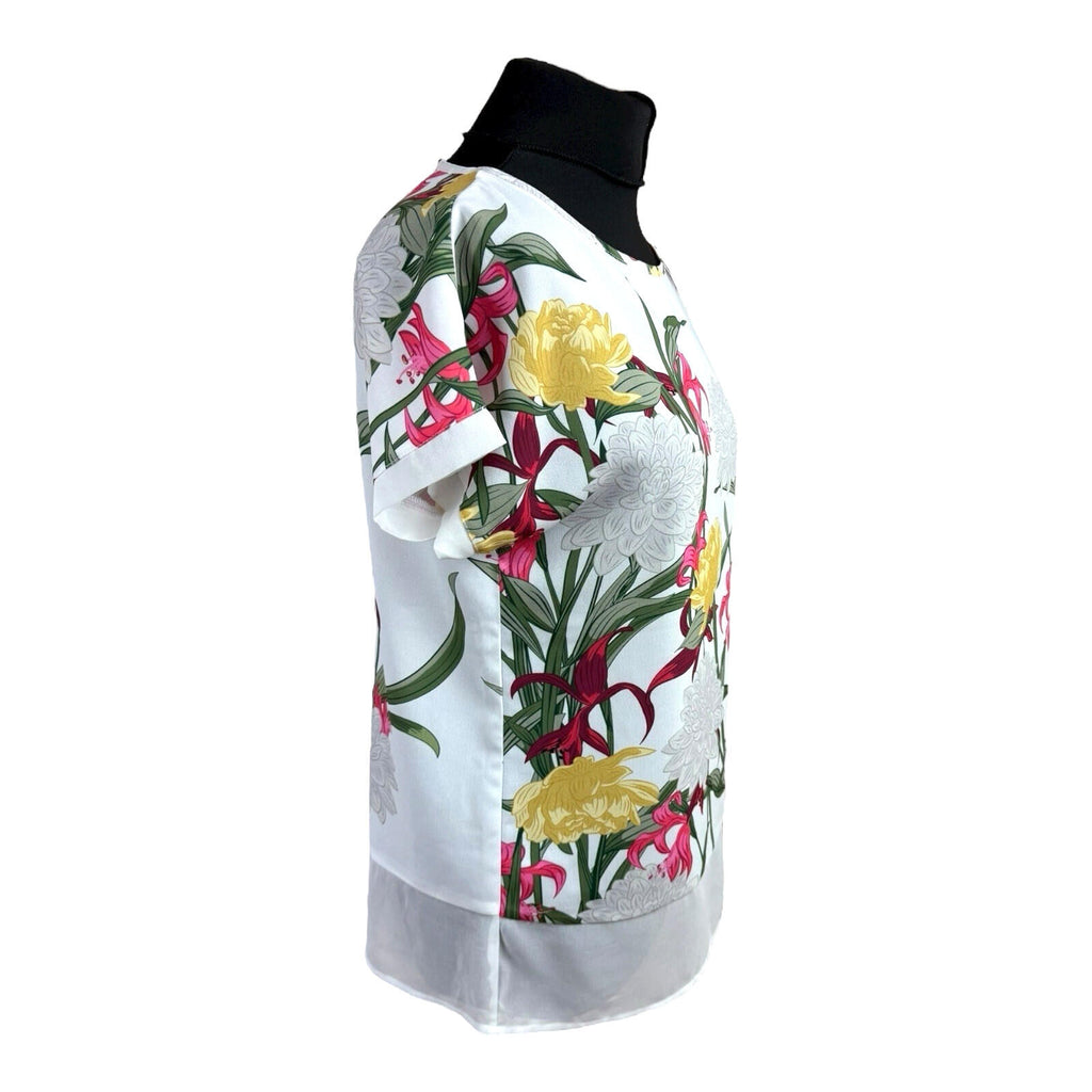Soon White Floral T-shirt Top Chiffon Panel Relaxed Fit Women’s UK Size 8
