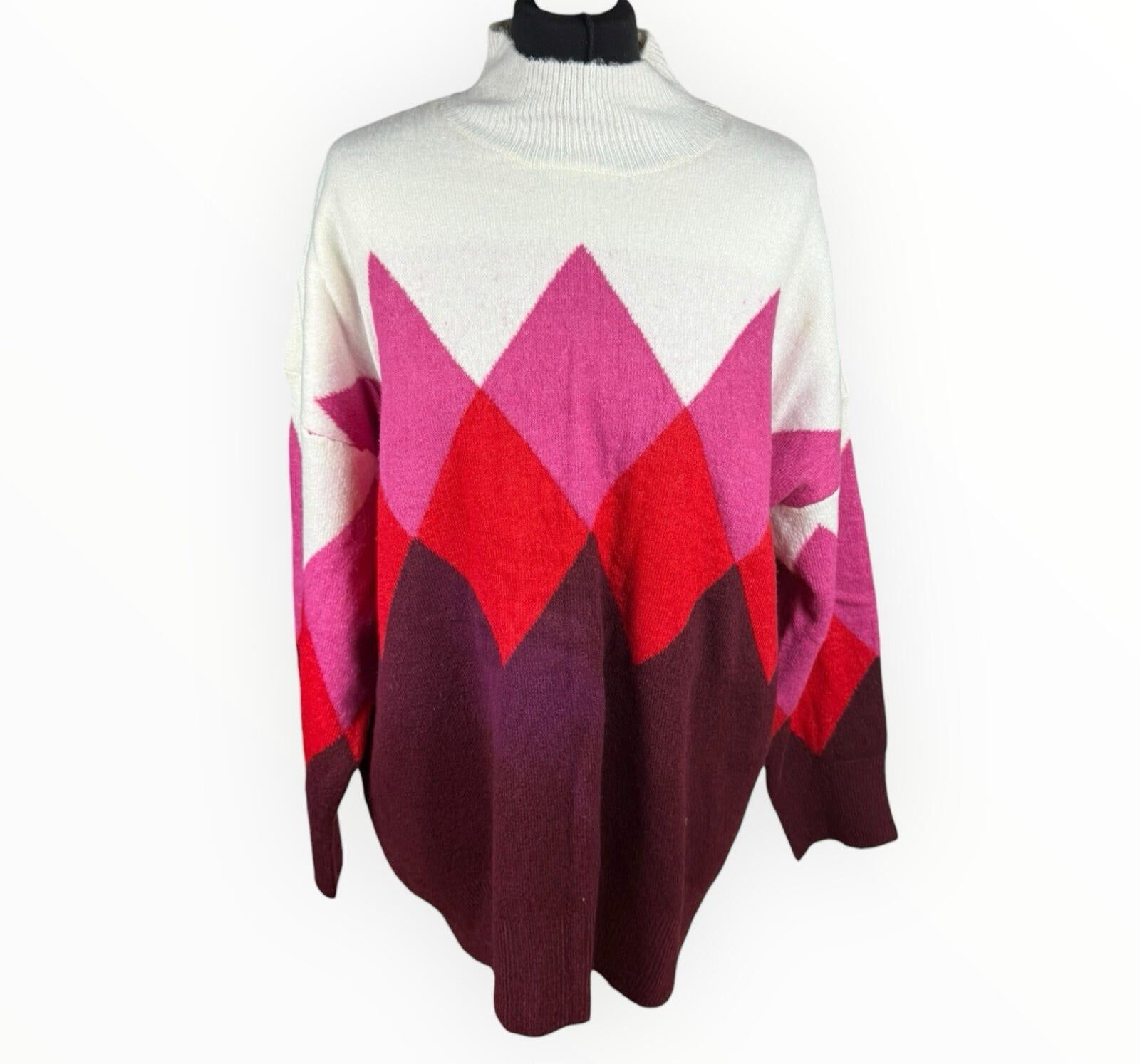 F&F Knit Jumper Women’s UK Size 18 High Neck Diamond Beige Red Pink