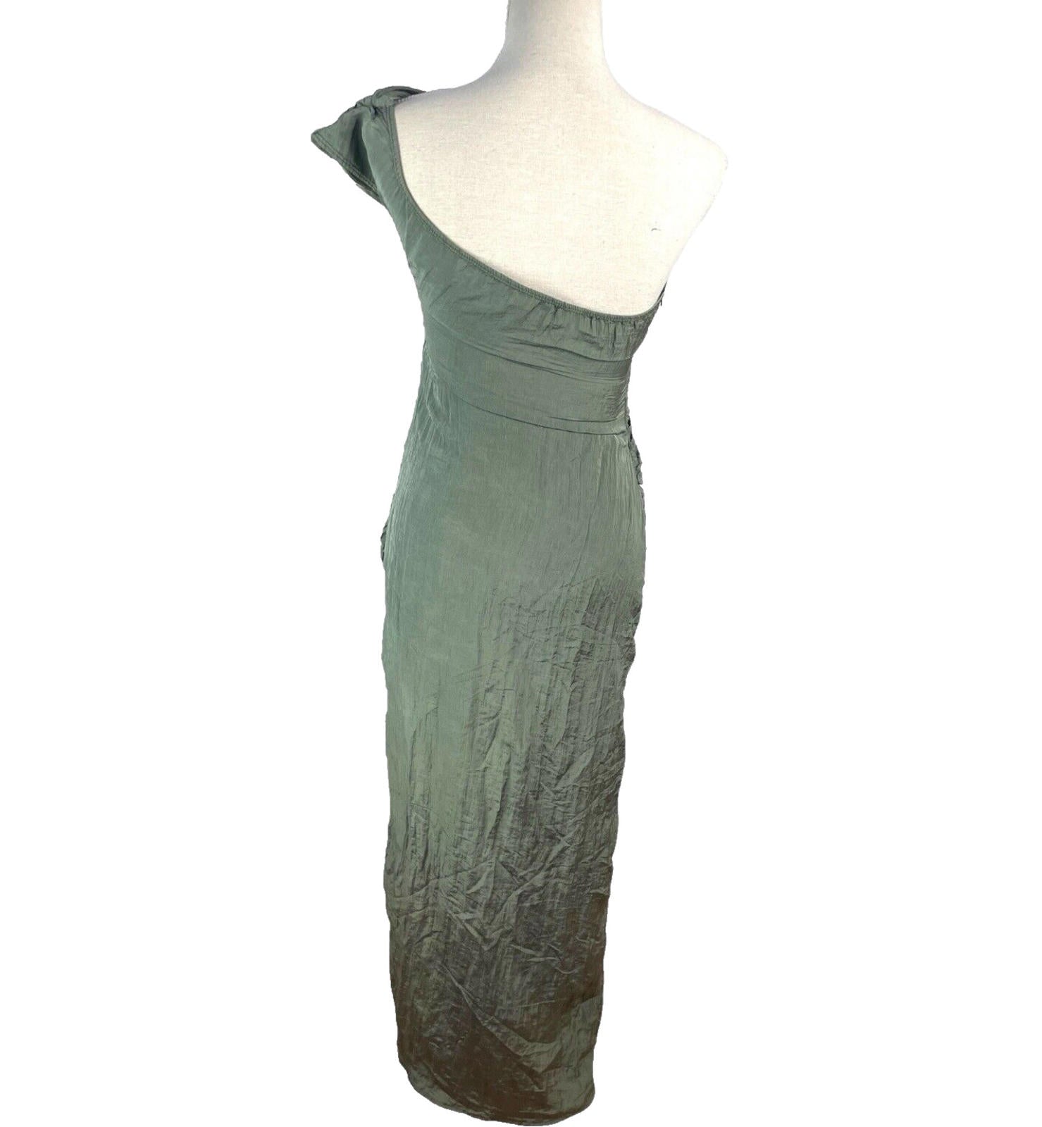 Evening Occasion Dress Women's UK Size 8 Green One Shoulder Crinkle Side Slit
