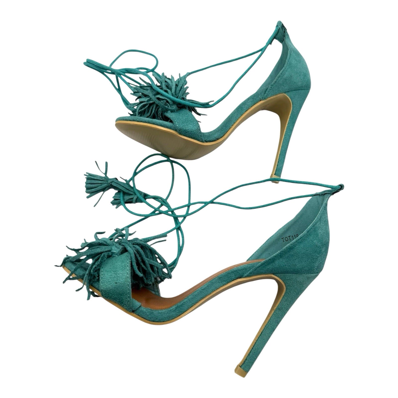 No Doubt Strap Up Stiletto Shoes Women’s UK Size 4 Open Tasseled Toe Green Suede