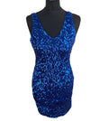 Sequin Cocktail Dress Women’s UK Size XL Bodycon V Neck Party Mini Blue Sparkle