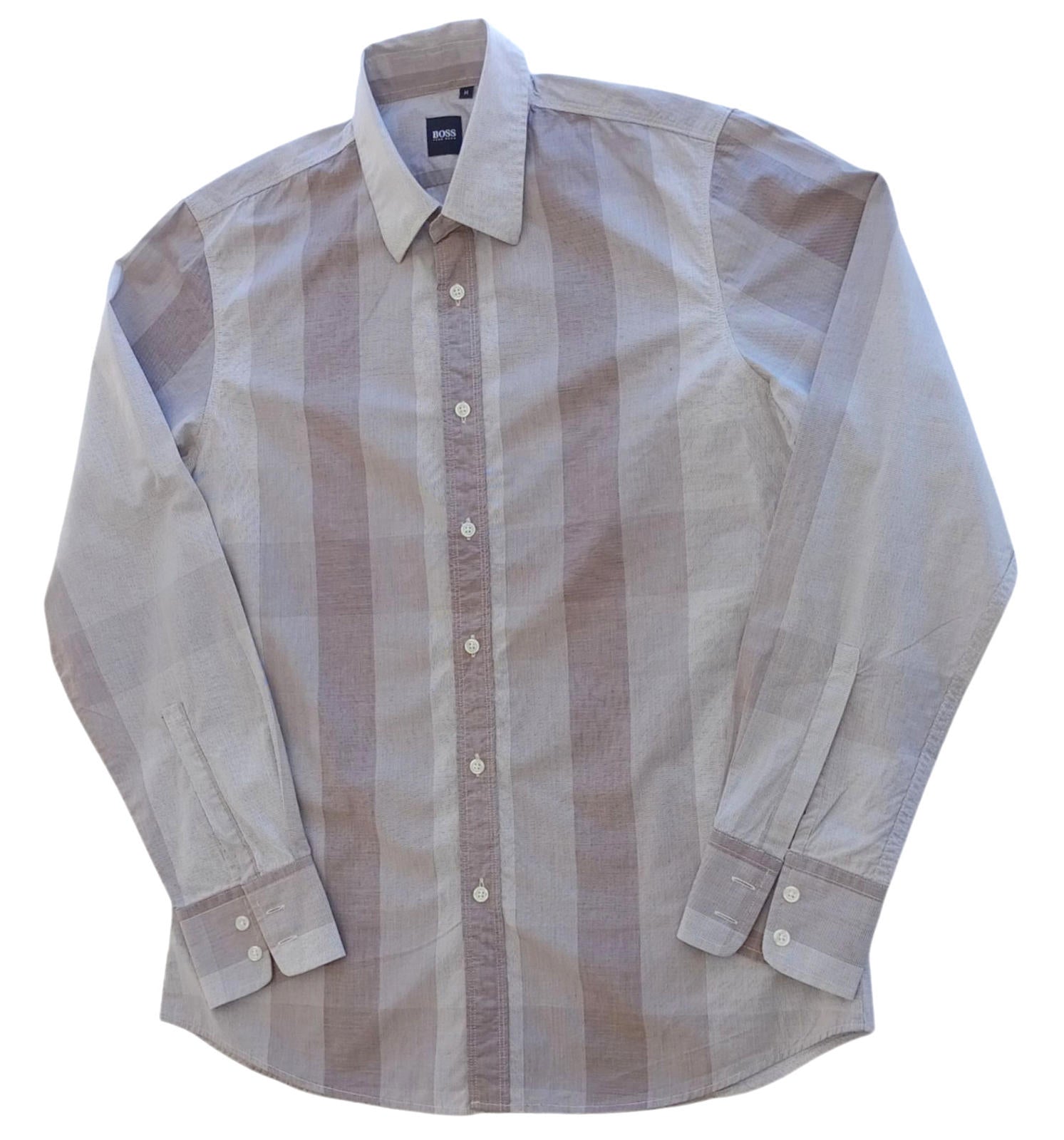 Hugo Boss Shirt Men's UK Size M Long Sleeve Brown Stripe 100% Cotton