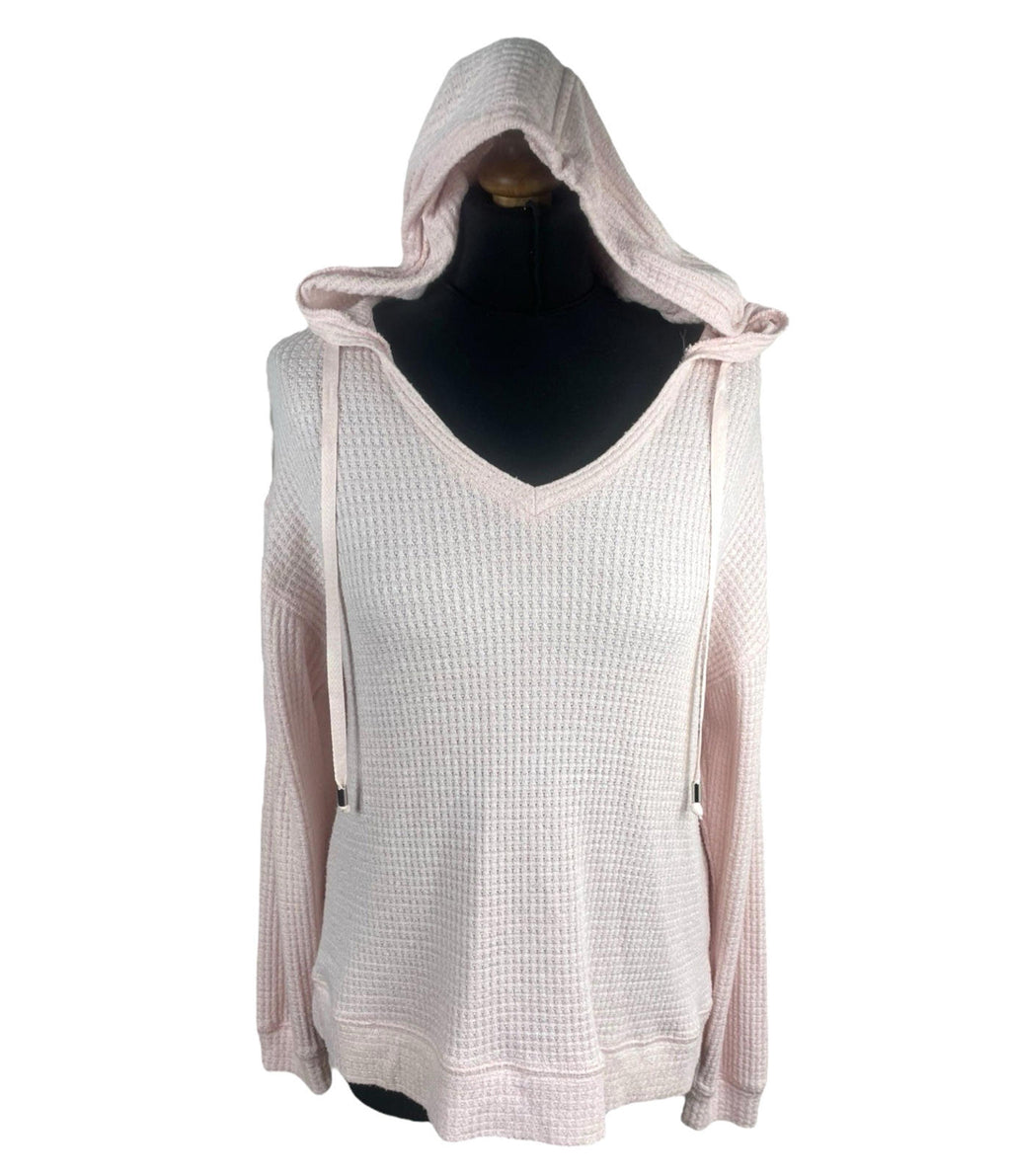 Waffle Knit Hooded Top Women’s UK Size 10 Pale Pink Deep V-Neck Textured Sweater