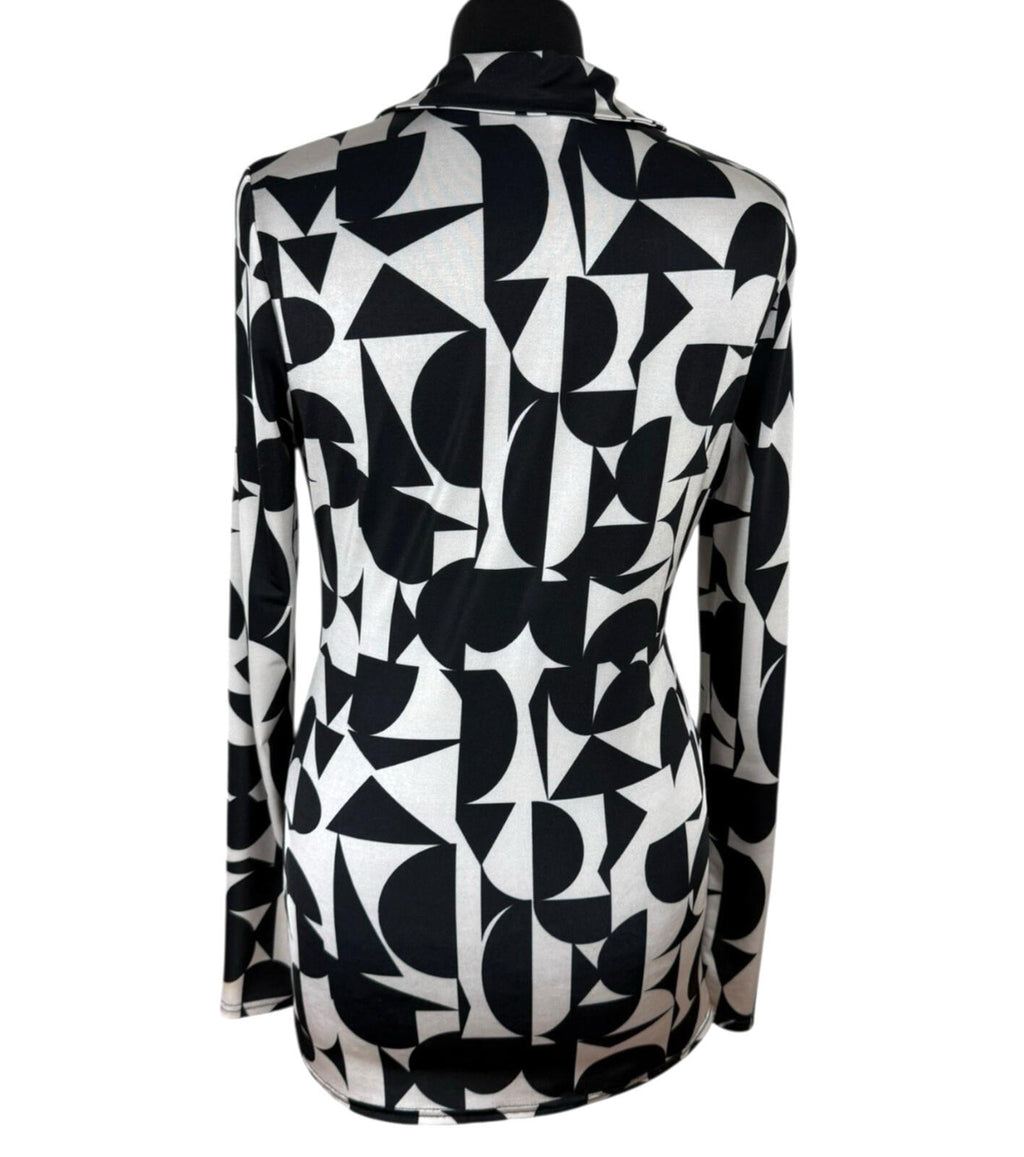 River Island Blouse Women’s UK Size 10 Black White Graphic Print Belted Collared