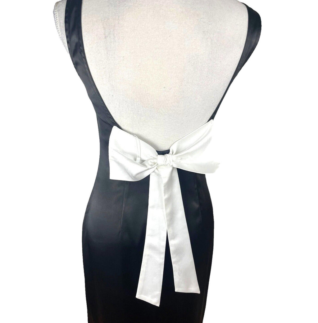 Satin Ballgown Prom Dress Low Back Black White Satin Bow Detail UK Size 8